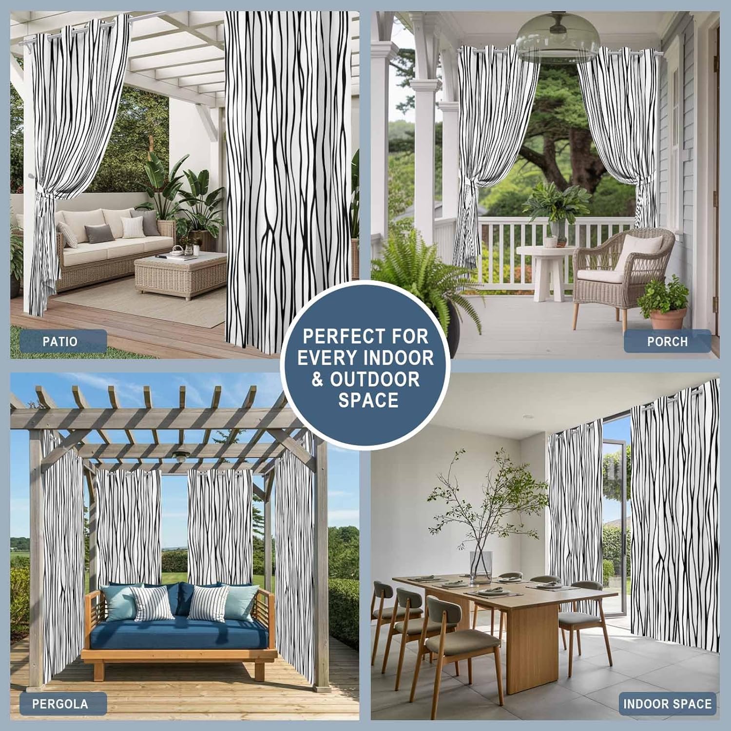Outdoor Curtains for Patio, Black White Lines Waterproof Blackout Outside Curtain for Porch/Pergola, Retro Stripes Texture Minimalist Art Thermal Insulated Drapes for Cabana, 2 Panels, 54 x 108 Inch