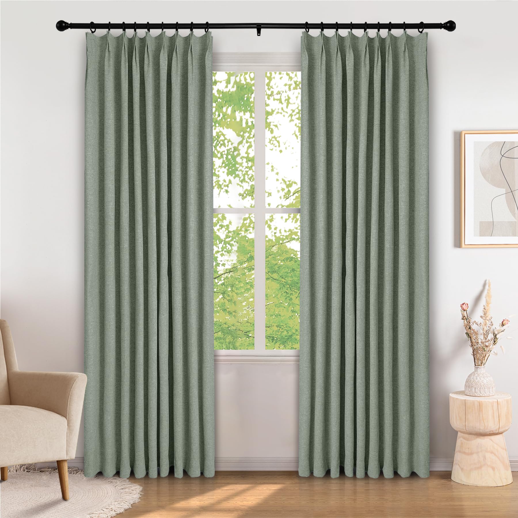 Frelement 1 Panel Soft Linen Pinch Pleated Curtain, 100% Light Blocking Curtains, Room Darkening Drapes for Living Room Bedroom, Fog Green, 84" W x 84" L