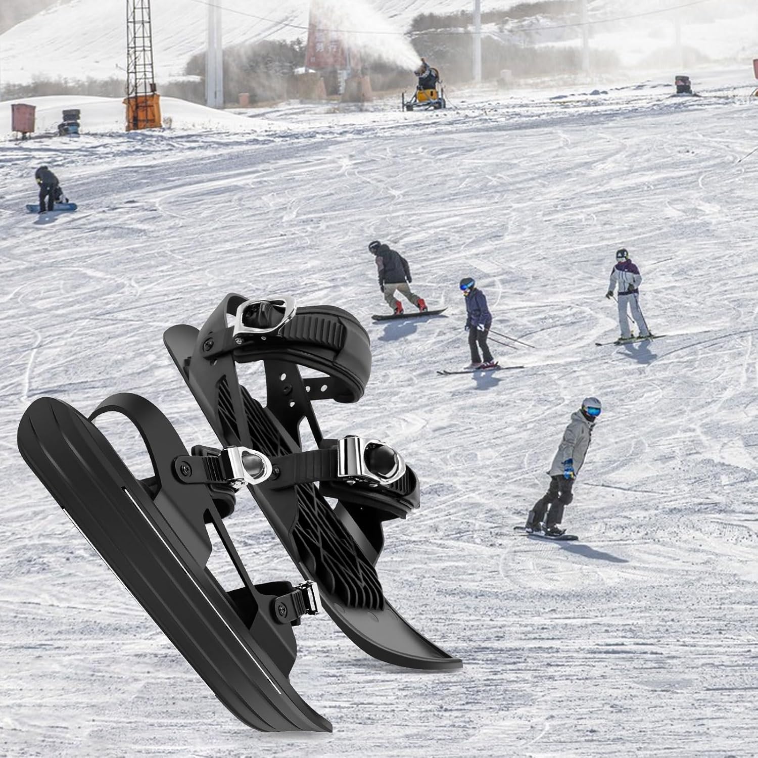 Mini Short Ski Skates for Snow, Snowfeet Mini-Skii-Skate Adjustable Mini Ski Skates Snowskates Snowblades Skiboards Winter Sport Skiing Equipment for Snow Pro Version Ice Skating Lover, Black