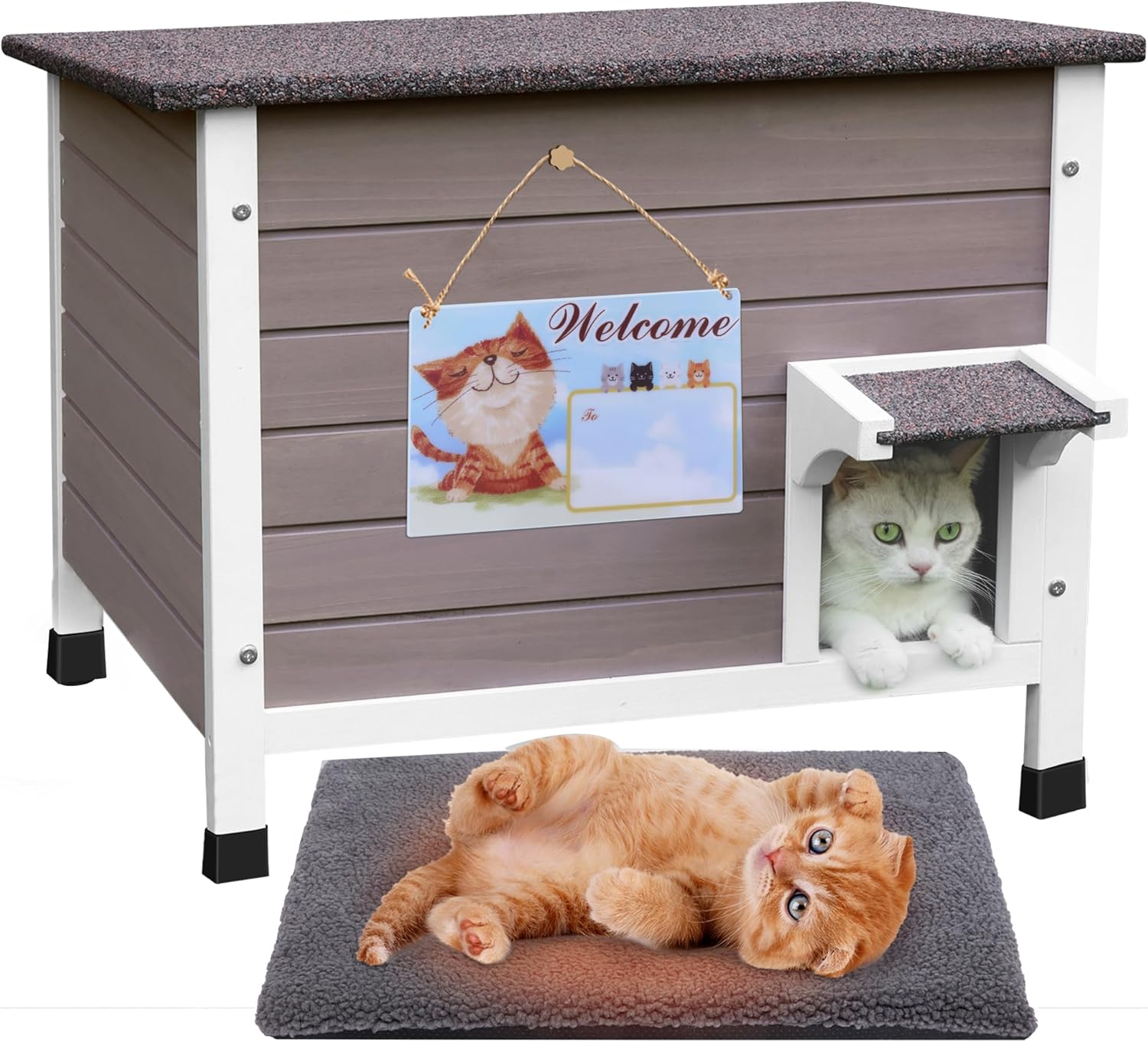 Deblue Ourdoor Cat House, 100% Insulated Cat Houses for Outdoor Cats, Weatherproof Feral cat House with All-Round Foam, Wooden Cat Shelter for Multiple Cats - (Insulated Cat House with Mat)