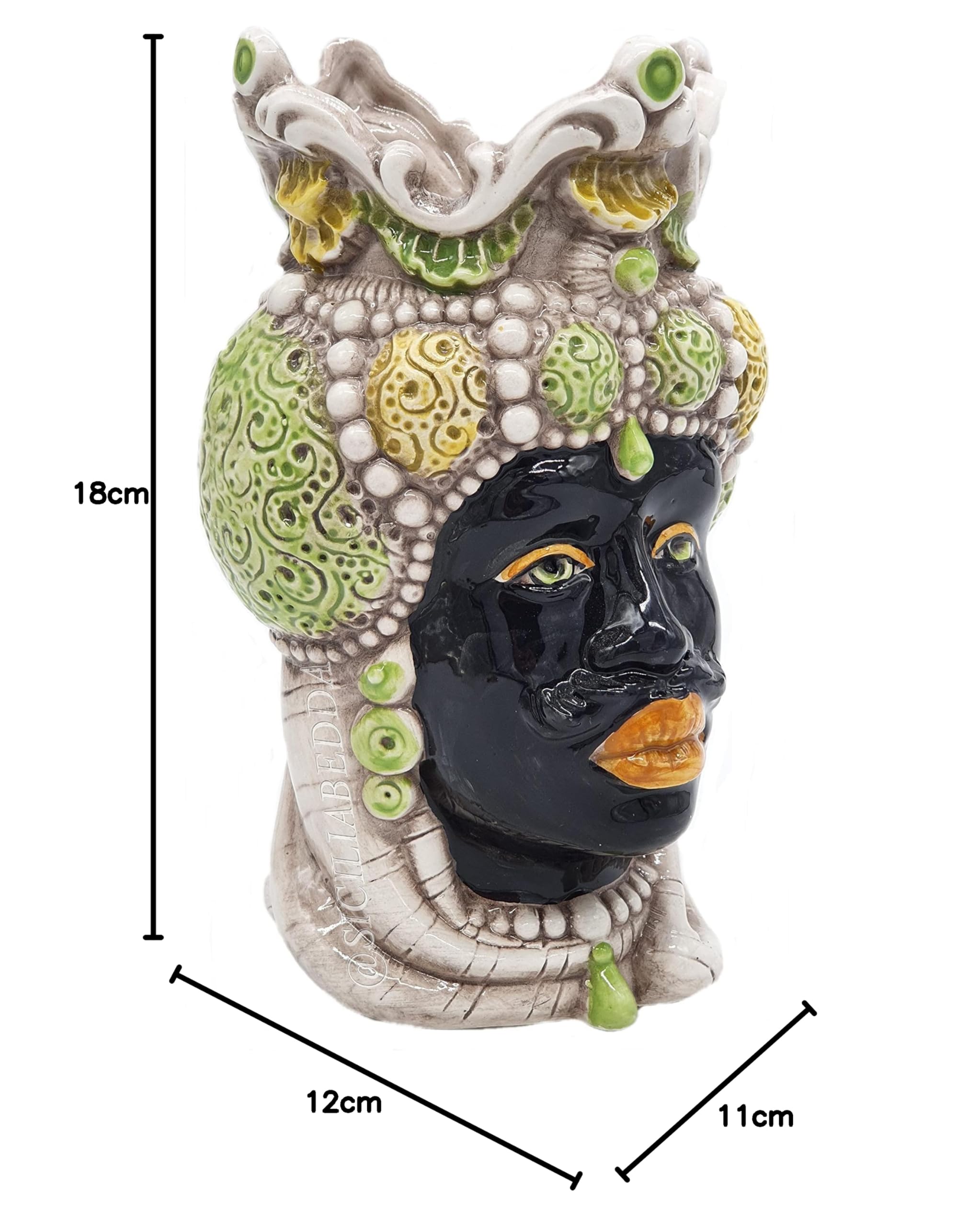 sicilia bedda - Teste di Moro Siciliane in Ceramica di Caltagirone - Realizzato Interamente a Mano - Altezza 18 Centimetri (Testa di Moro Saraceno Verde)