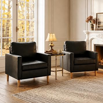 Leather Accent Chairs Set of 2, Mid-Century Modern Chairs for Living Room