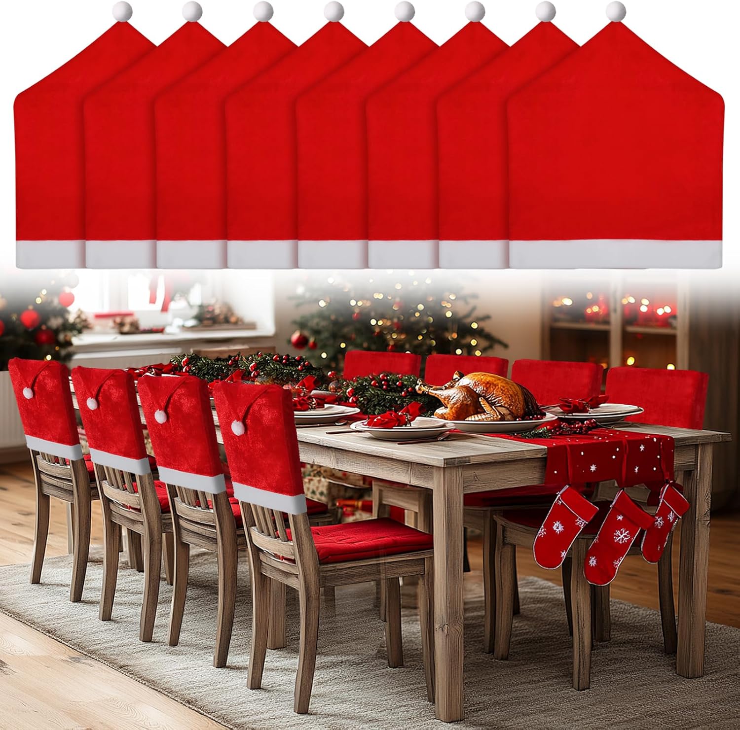 ANPHSIN Velvet Christmas Chair Covers - Santa Hat Chair Back Covers, Red Dining Table Seat Slipcovers Set of 8 for Xmas Holiday Party Banquet Home Decoration
