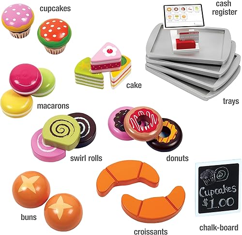 Miniatura 4 de Juego de madera para panadería, soporte de simulación para niños, 25 piezas para pastelería, mostrador de café con alimentos, donas, pasteles,