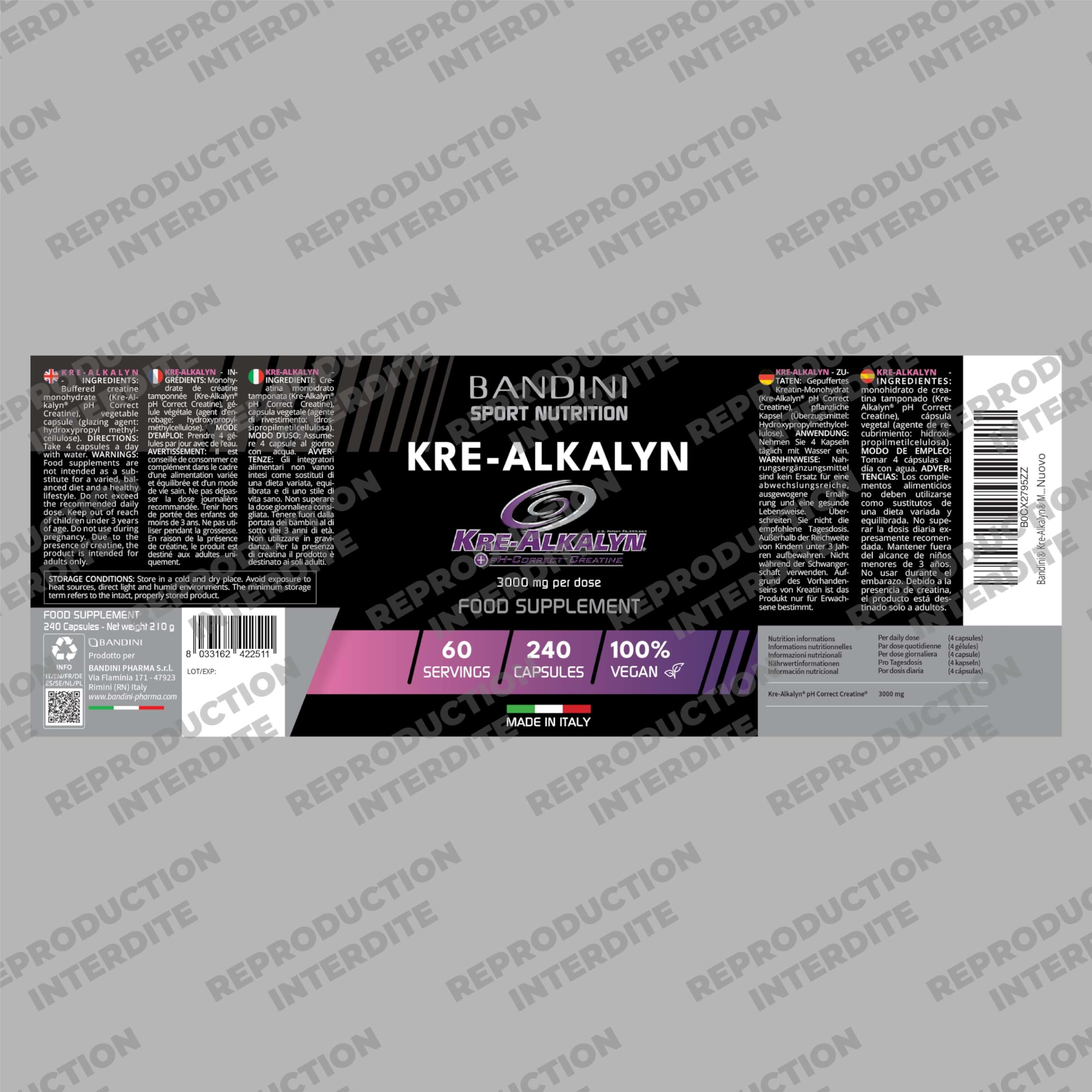 Bandini® Kre-Alkalyn® 240 capsules - Créatine alcaline tamponnée - Booster | Spécial Exercices intenses, Entraînement, Muslces, Sport et Gym - Gélules Végétalien - Monohydrate de creatine tamponnée
