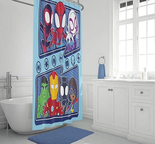 Miniatura 2 de Jay Franco Marvel Spidey & His Amazing Friends - Cortina de ducha de tela para niños, decoración de baño azul con araña fantasma, giro, Iron Man y