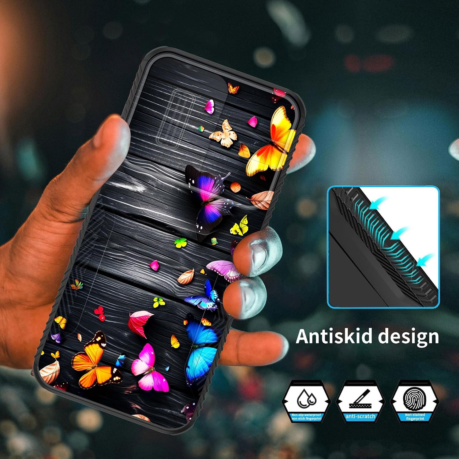 for Galaxy A15 5G Case Built in Slide Camera Lens Cover,Heavy Duty Shockproof Protection Dual Layer Case for Samsung Galaxy A15 5G 6.5 inch 2024,Colorful Butterflies on Wooden image 5