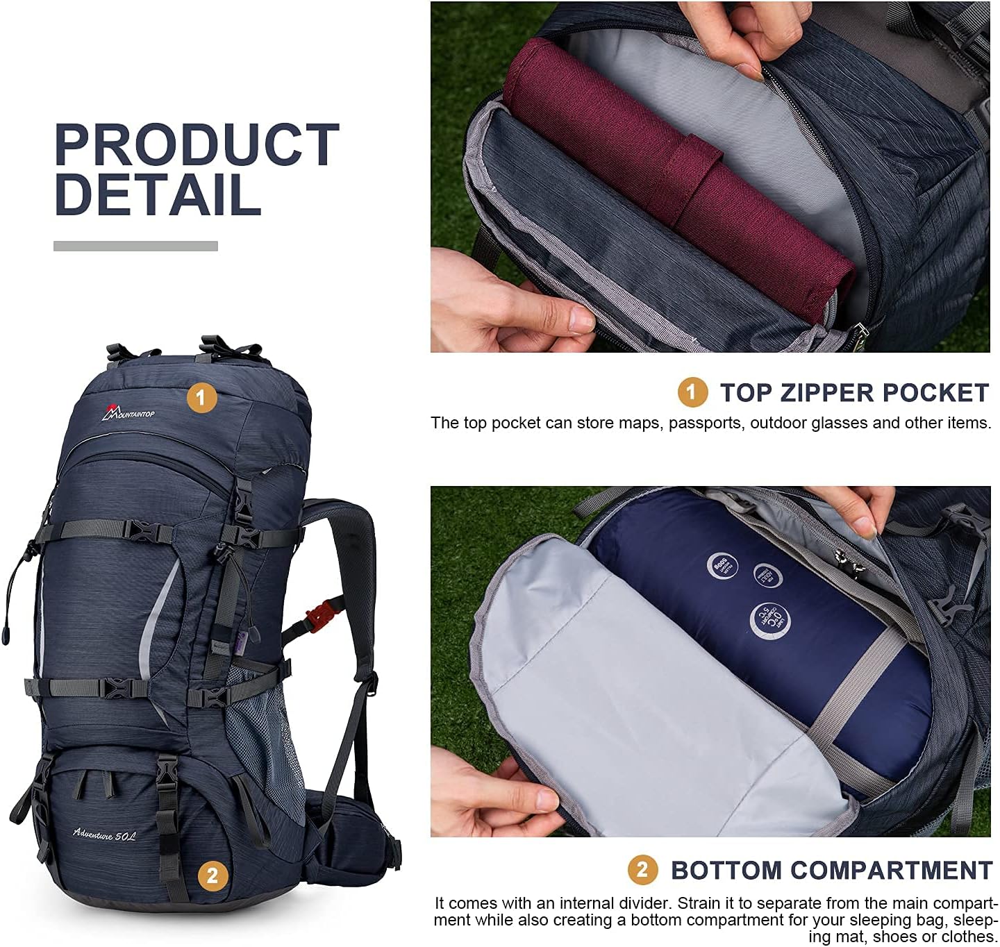MOUNTAINTOP 50 Liter Hiking Internal Frame Backpack with Rain Cover : Sports & Outdoors