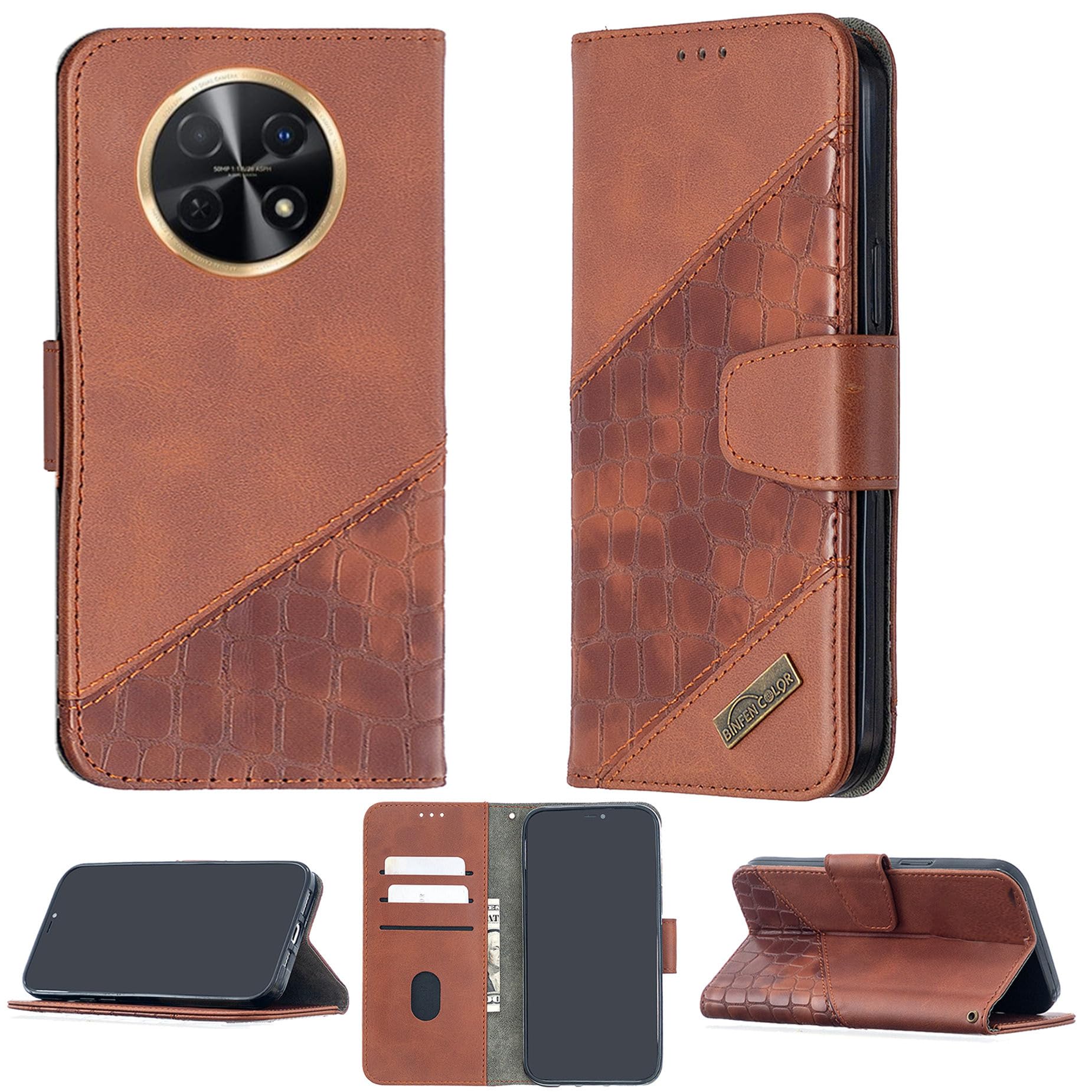 Case for Huawei Nova Y91 Case Compatible with Huawei Nova Y91 Phone Case Cover Flip Stand Cover Stitching Style Wallet Case Brown