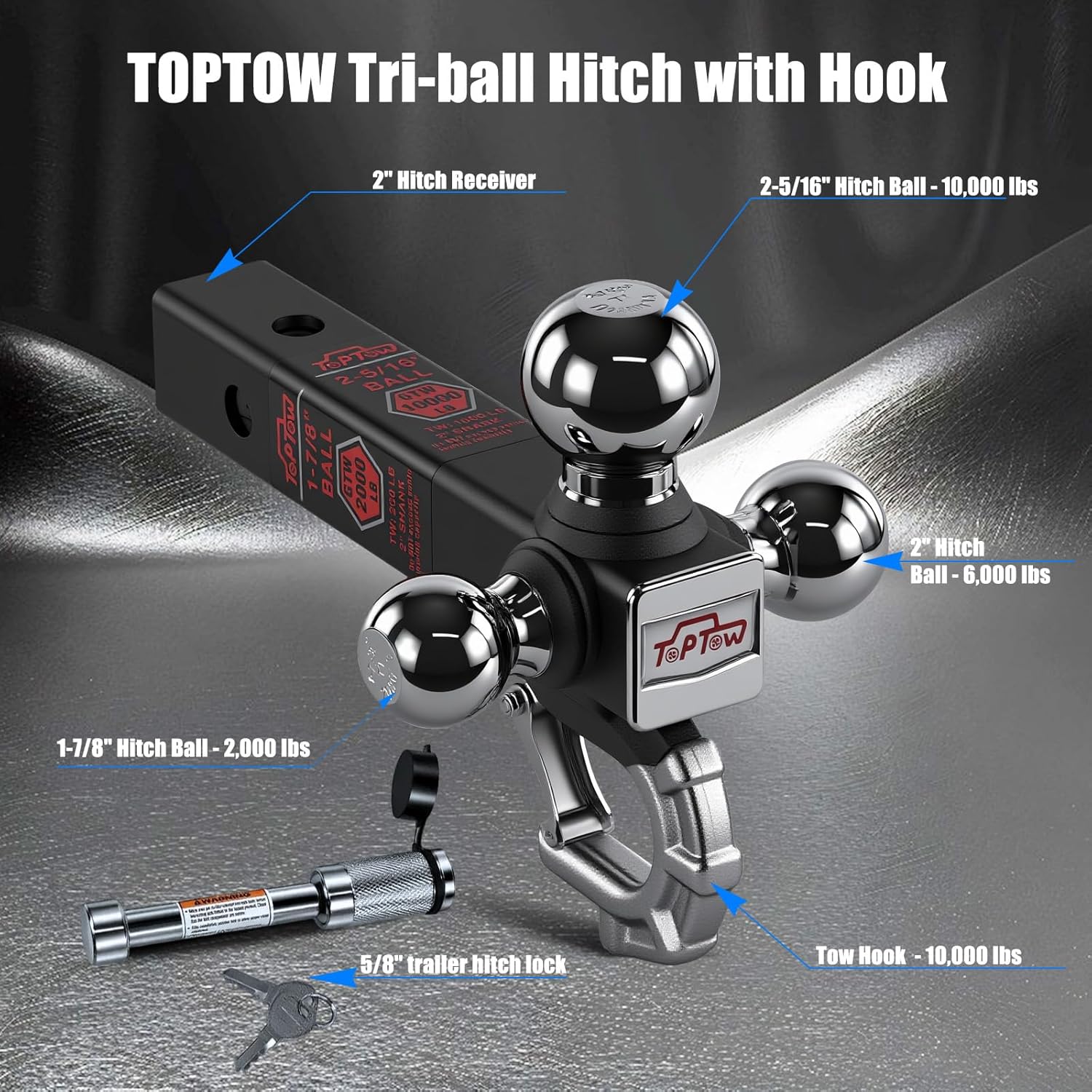 TOPTOW Trailer Hitch Tri-Ball Hitch with Hook, Triple Tow Balls, 2-inch Shank, Multi-fit for 2 inch Trailer Hitch Receiver, 5/8" Hitch Lock Included - Image 3