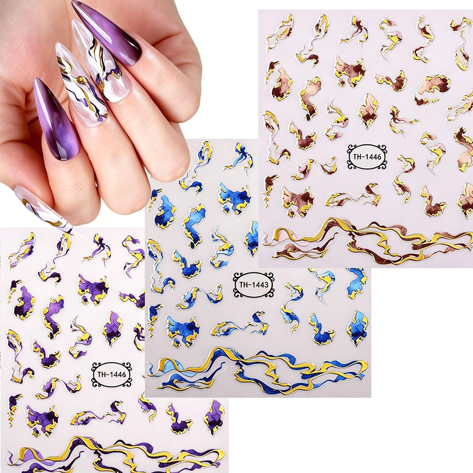 6Pcs Nail Art Stickers, Marble Foil Swirl Nail Stickers, DIY Nail Stickers for Quick Style Changes, Nail Art Kit with Ribbon Design for Special Occasions and Daily Wear-image-4