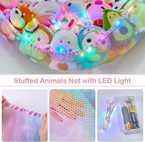 Miniatura 4 de BeBeJoJo Almacenamiento de animales de peluche con luz LED, decoración de habitación, hamaca, esquina para niños, organizador de almacenamiento de