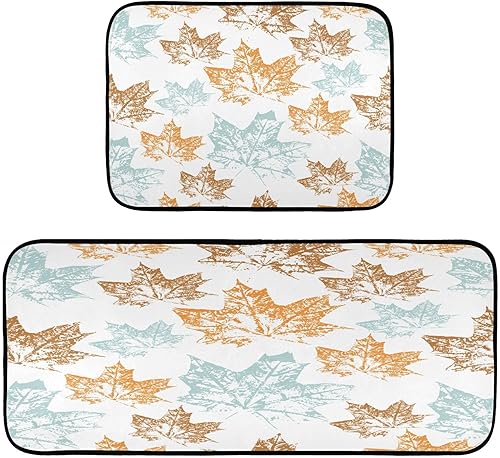Maple Leaf Paint Kitchen Rugs Set of 2, Watercolor Autumn Floor Mat Runner Rug Washable Non Slip Washable Standing Mat Home Office Seasonal Decor Rug