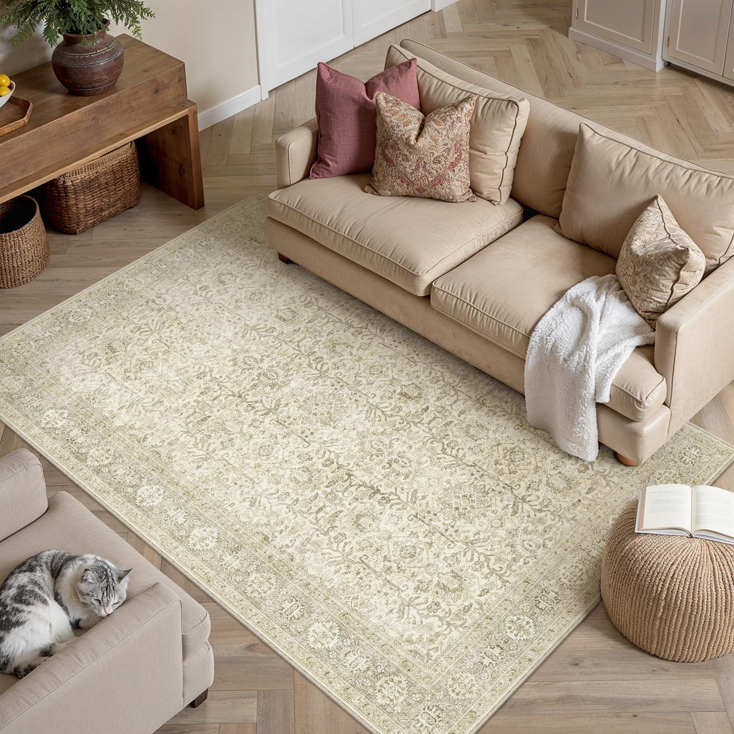 PureCozy Vintage Area Rug 4x5 Beige Entryway Office Washable Carpet Non Slip Bedroom Indoor Living Room Door Mat Low Pile Traditional Distressed Retro Accent Rug for Dining Room Bathroom Kitchen — image 1