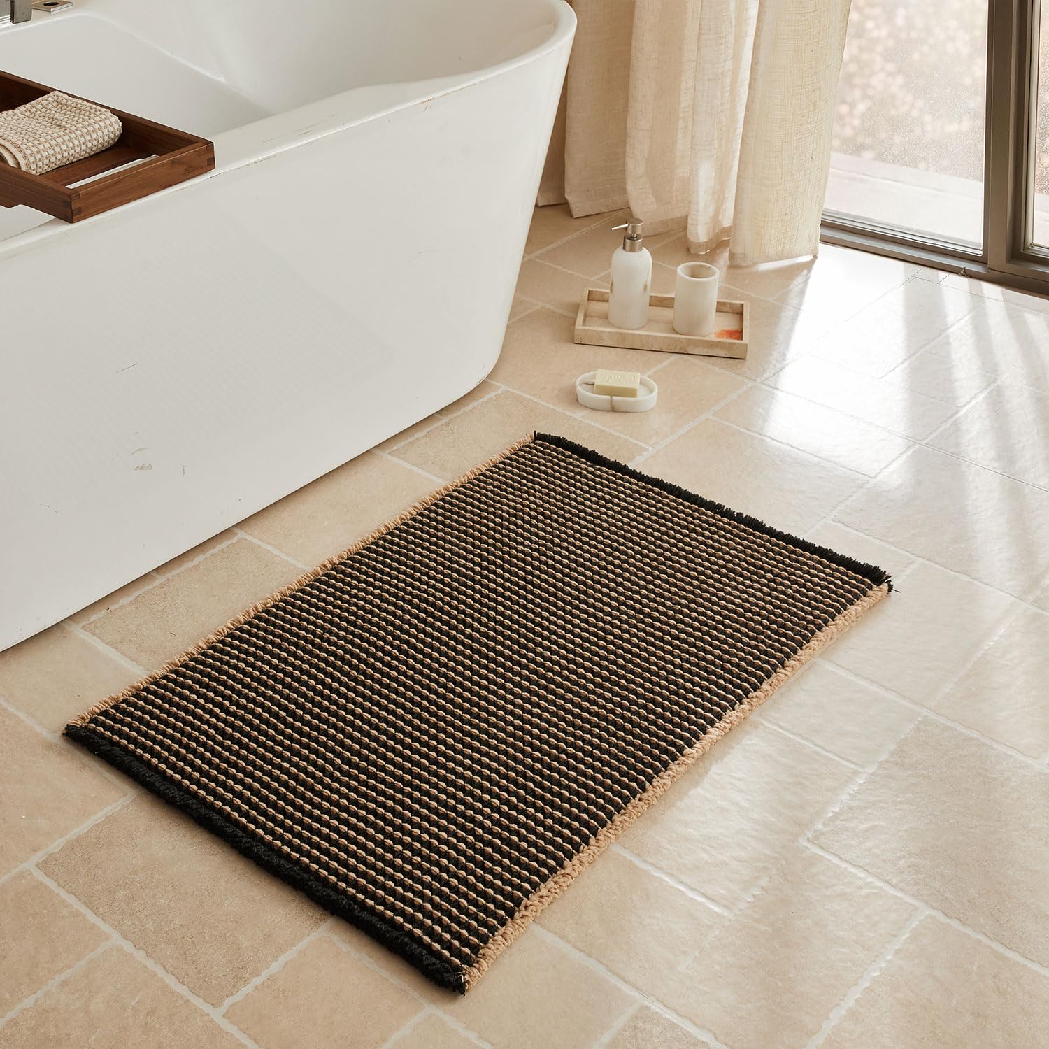 Triohero Waffle Bath Mat, Boho Bathroom Rugs Non Slip Washable, Ultra Soft Super Absorbent Quick Dry Farmhouse Bathroom Decor, 24" x 36", Black &