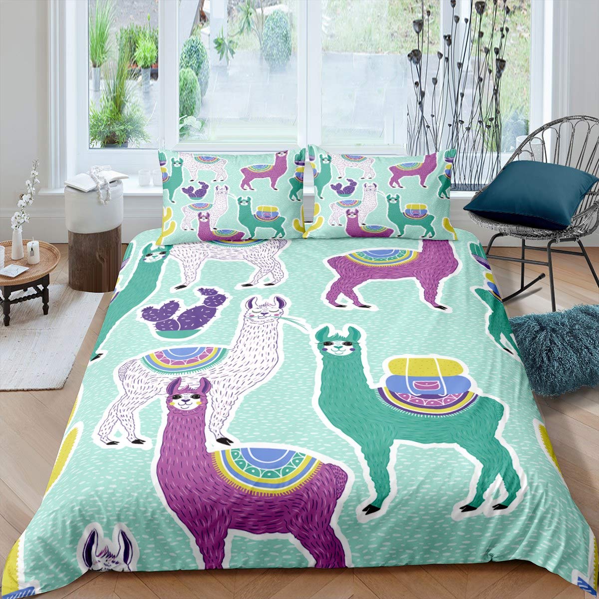 Llama Alpaca Bedding Set Cartoon Llama Design Duvet Cover For Kids Children Teens Adult Cactus Printed Comforter Cover Succulent Bedspread Cover Exotic Tribal Quilt Cover 3Pcs Super King Size
