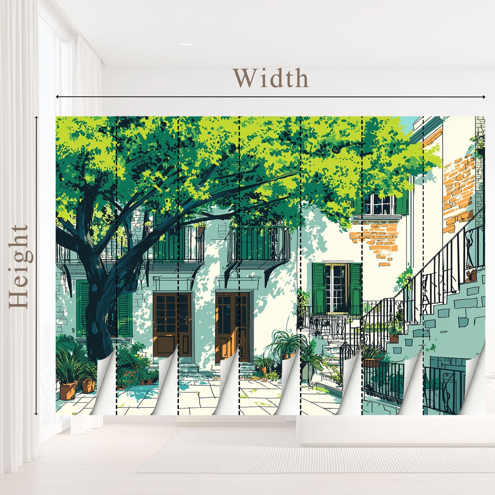 Générique Panoramiczna tapeta w stylu komiksowym nowoczesna architektura 350 x 256 cm (dł. x wys.), tapeta z włókniny, liści, botanika, drzewa, fresk, dekoracja ścienna, salon, sypialnia, biuro