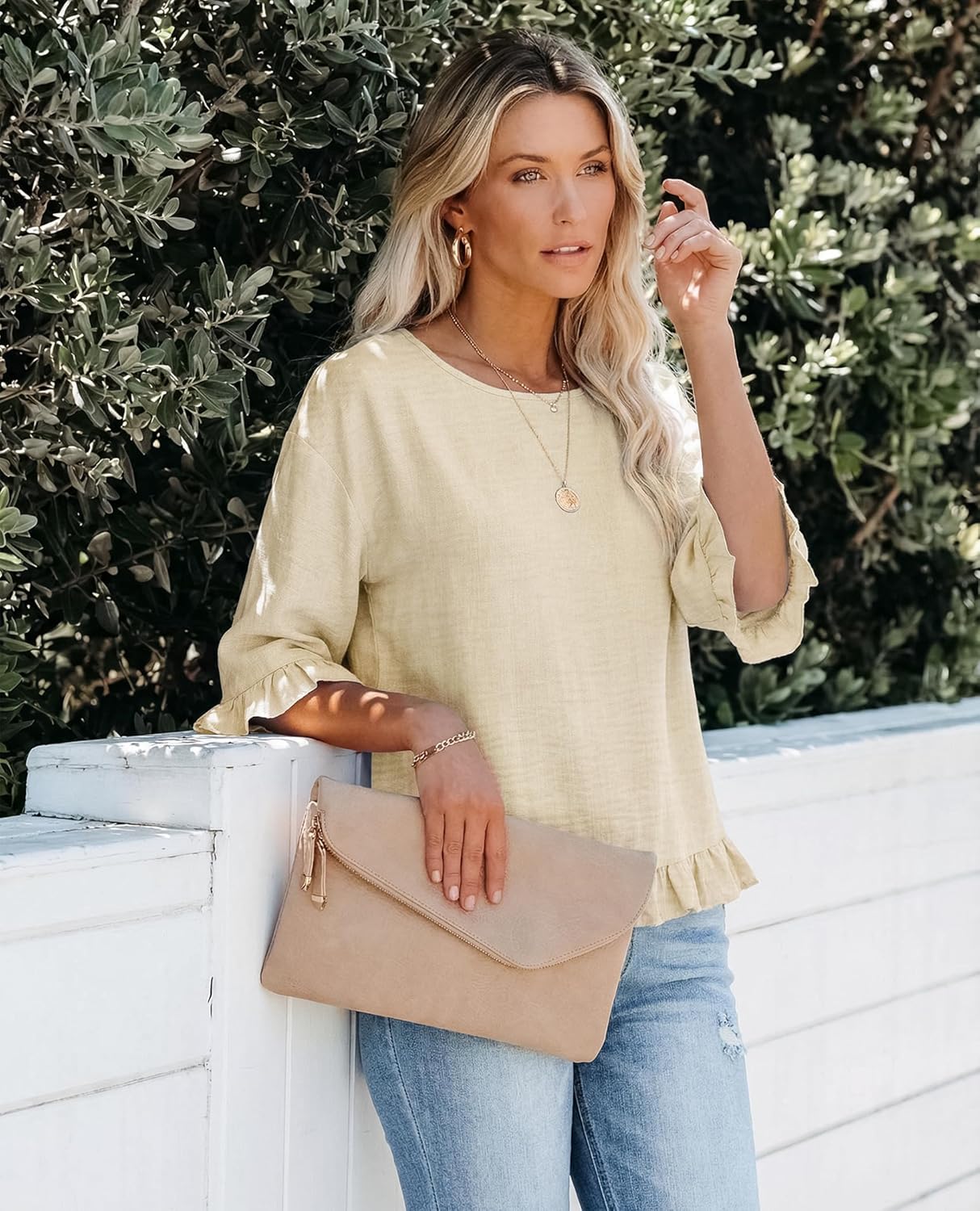 siliteelon Womens 3/4 Sleeve Tops Summer Tshirts Ruffle Flowy Crew Neck Dressy Casual Blouses 2026 Trendy Cute Work Outfits - Image 5