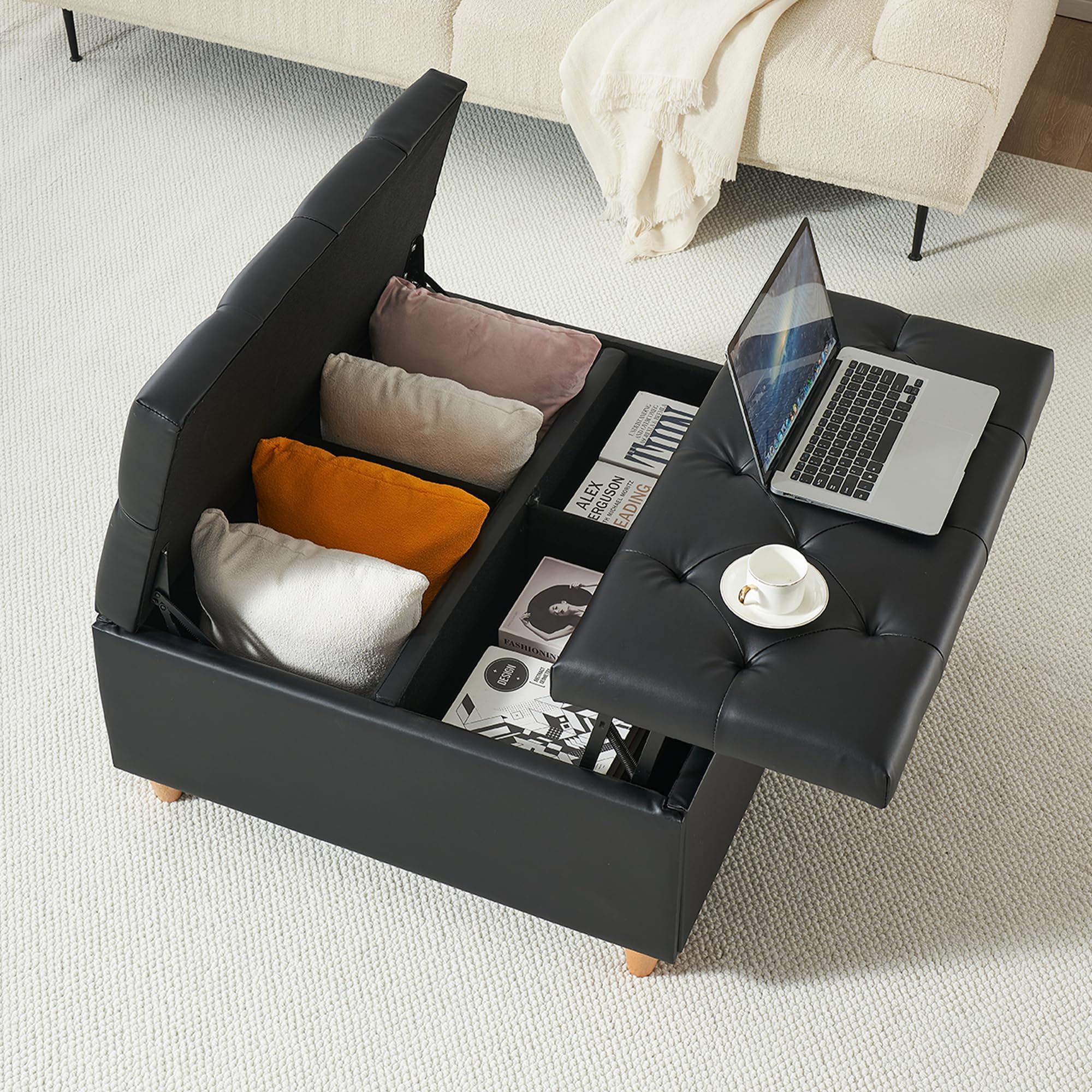 Garvee Large Square Storage Ottoman with Lift-Up Coffee Table Storage, Button-Tu - product photo