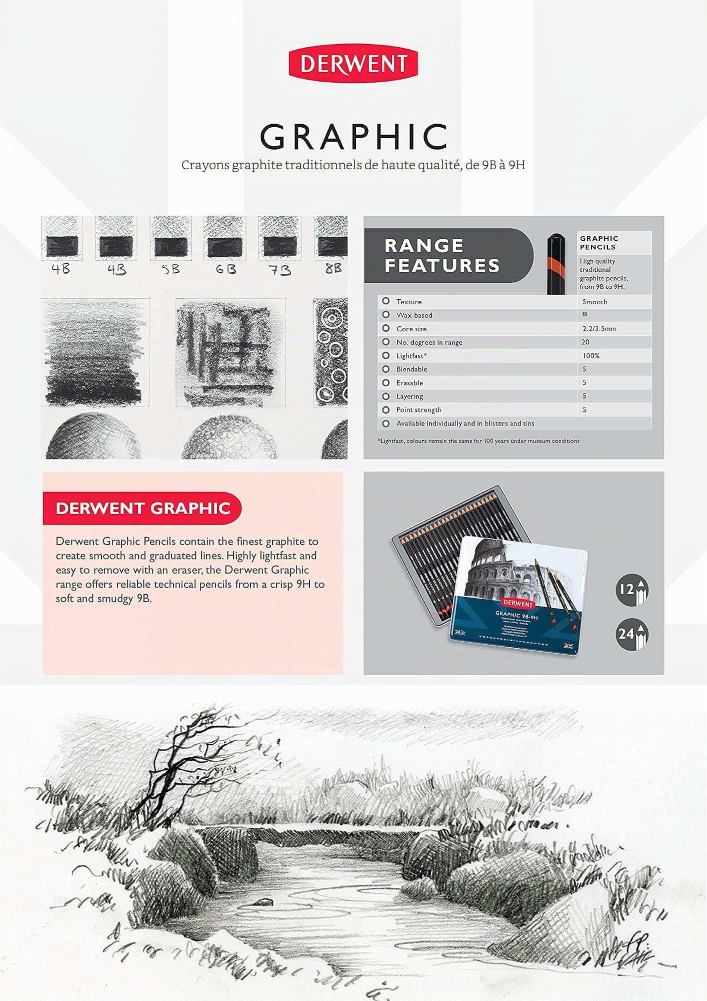 Derwent Sketching Collection - Set de 48 Crayons dans un Coffret en Bois, Qualité Professionnelle, 0700759