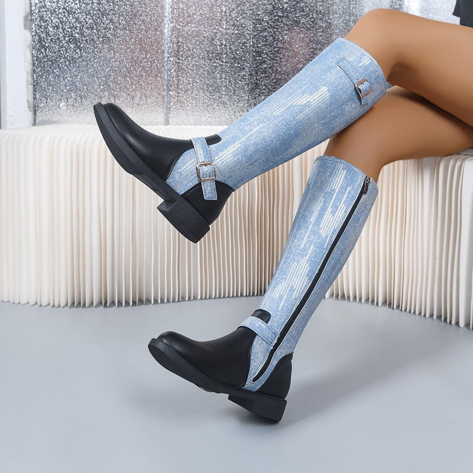 Botas de Invierno Mujer Botas Altas Punta Redonda hasta la Rodilla, Estilo Patchwork Vaquero, con tacón Grueso, Ideales para otoño Invierno.