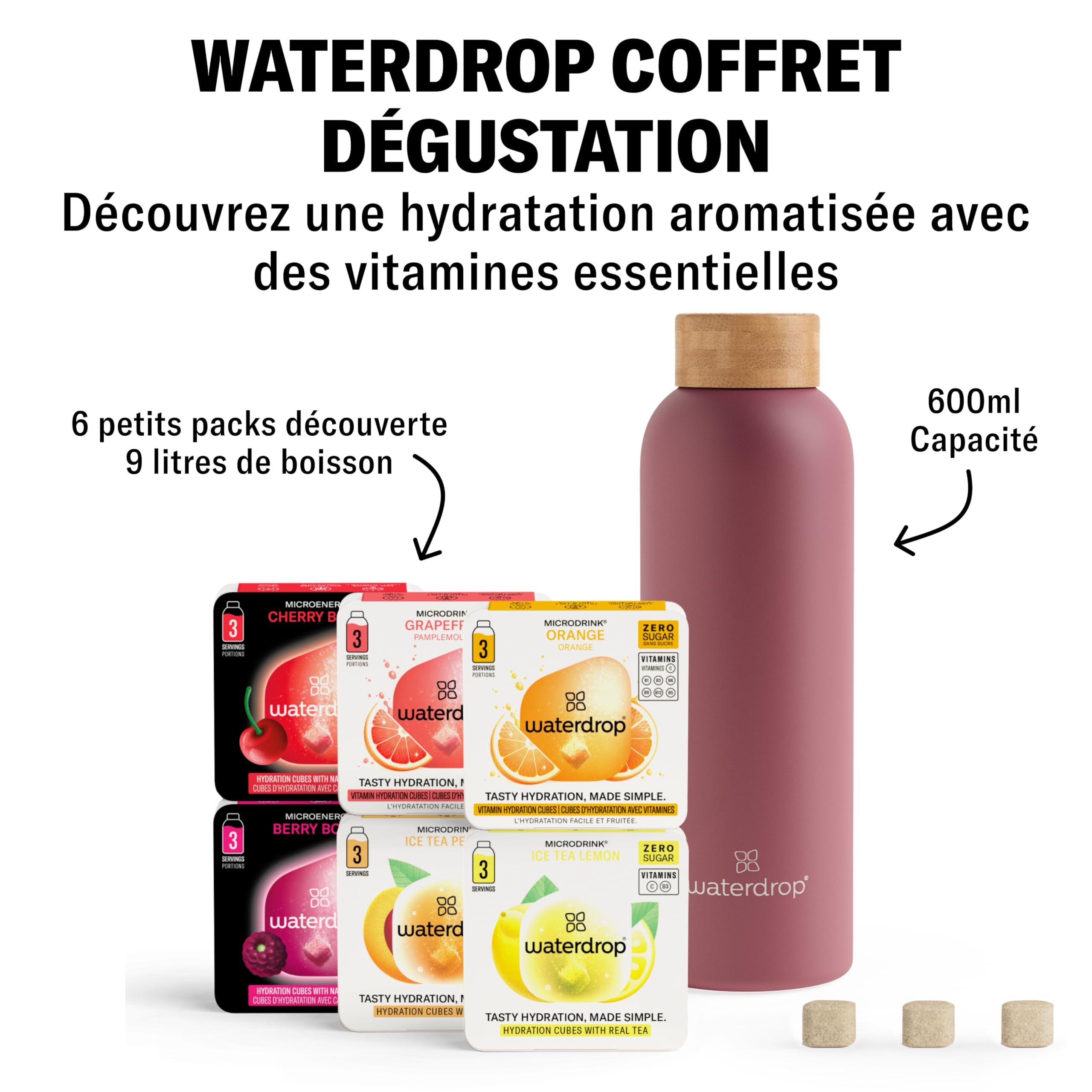 waterdrop® Coffret Dégustation Inox - Bouteille Isotherme 600ml + 18 Cubes à Boire en 6 Saveurs, Boisson en Cube avec Vitamine C & Vitamine B, Sans Sucre, Gourde d'Eau, Coffret Cadeau Femme & Homme