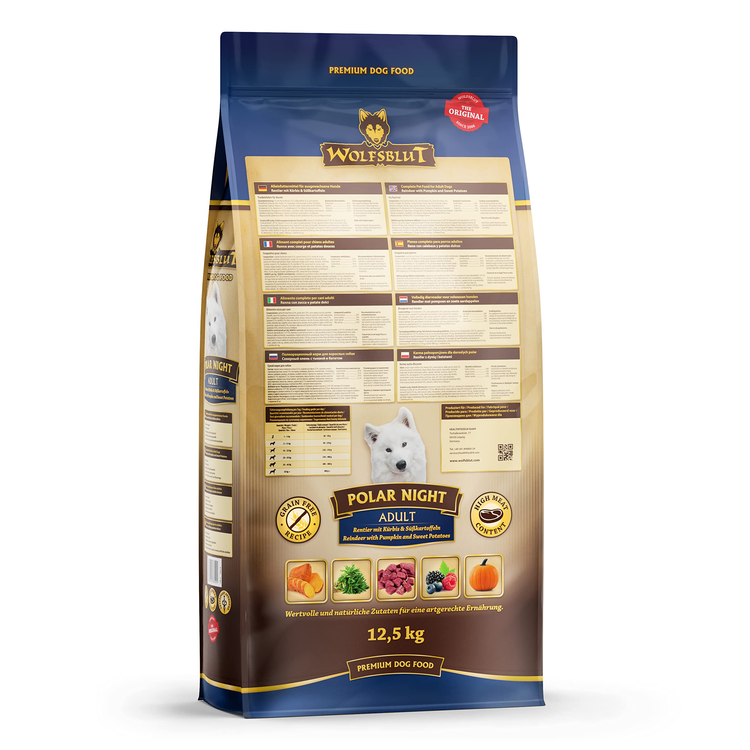 WOLFSBLUT – Polar Night Adult | Trockenfutter mit natürlichen Zutaten und wertvollen Superfoods für ausgewachsene Hunde. Getreidefreies Alleinfutter ohne Zusatzstoffe im Beutel | 12,5kg Rentier