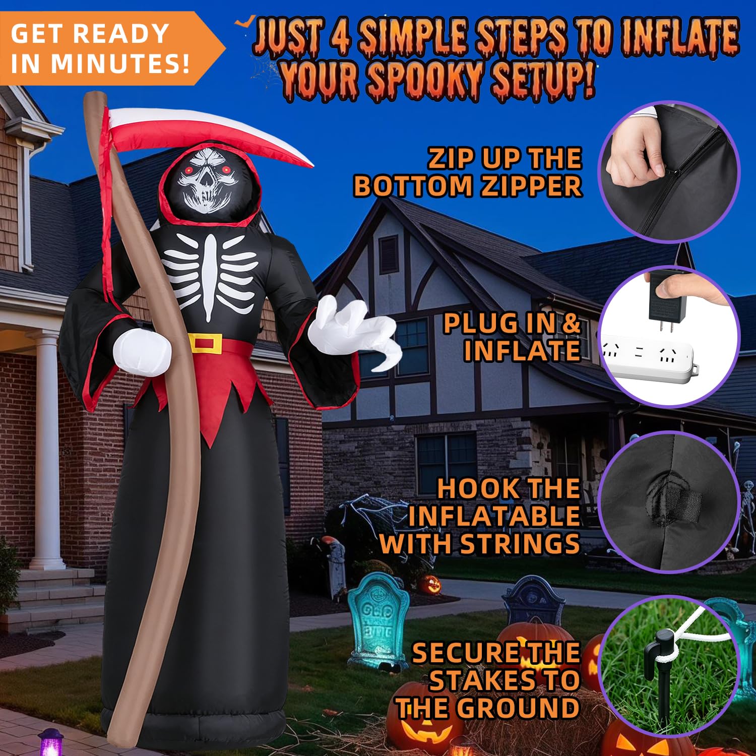 8FT Halloween Inflatable Grim Reaper LED Outdoor Yard Lawn Blow Up Decor