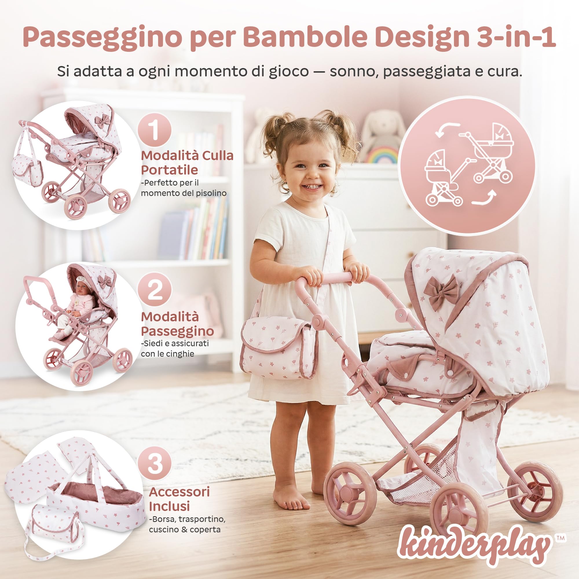 Kinderplay Passeggino per bambole 3 in 1 rosa con borsa per il trasporto – Passeggino regolabile in altezza 36,5 – 64 cm, pieghevole, ruote in schiuma silenziose, per bambole fino a 40 cm, dai 3 anni