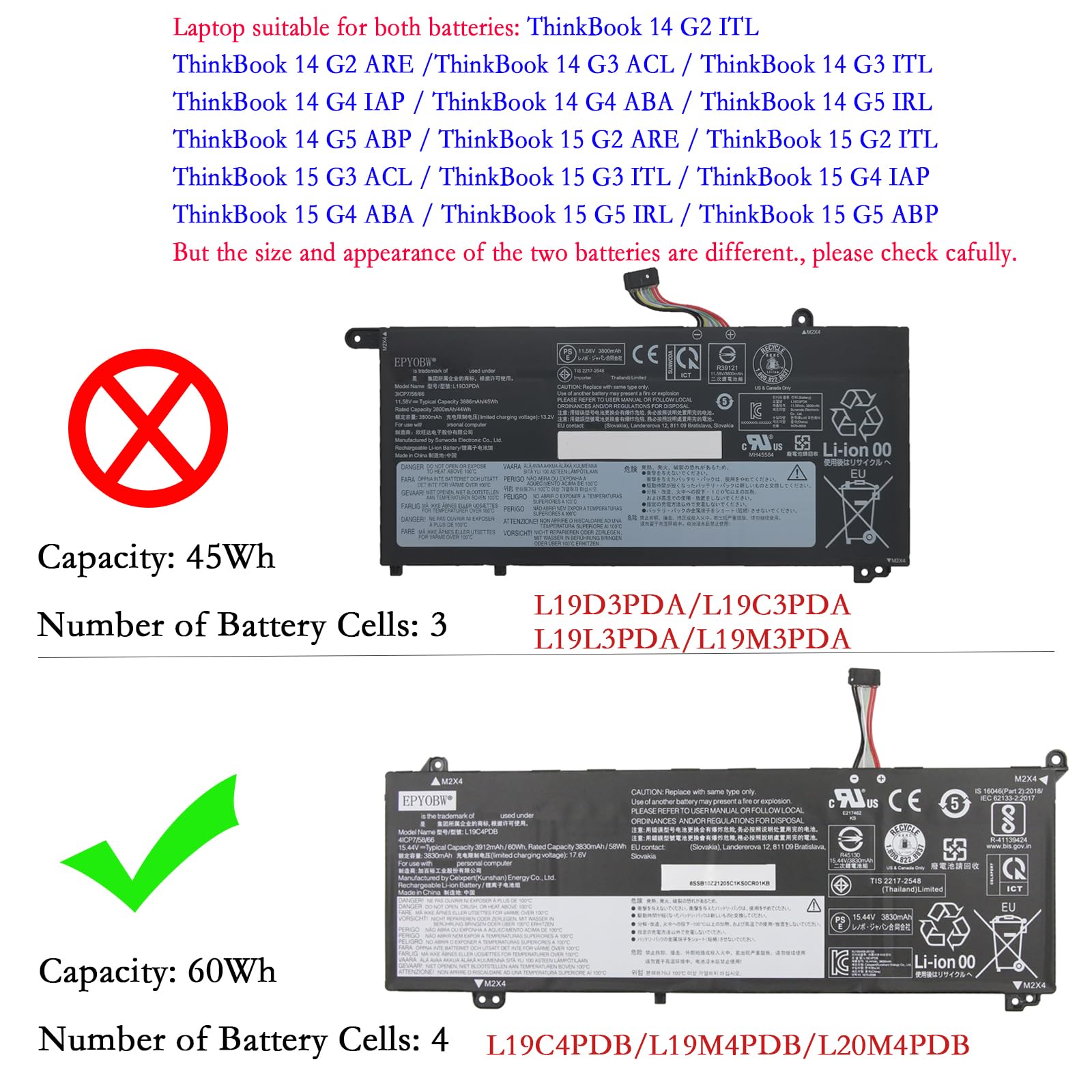 Amazon.com: EPYOBW L20M4PDB 筆記型電腦電池60Wh 相容於Lenovo