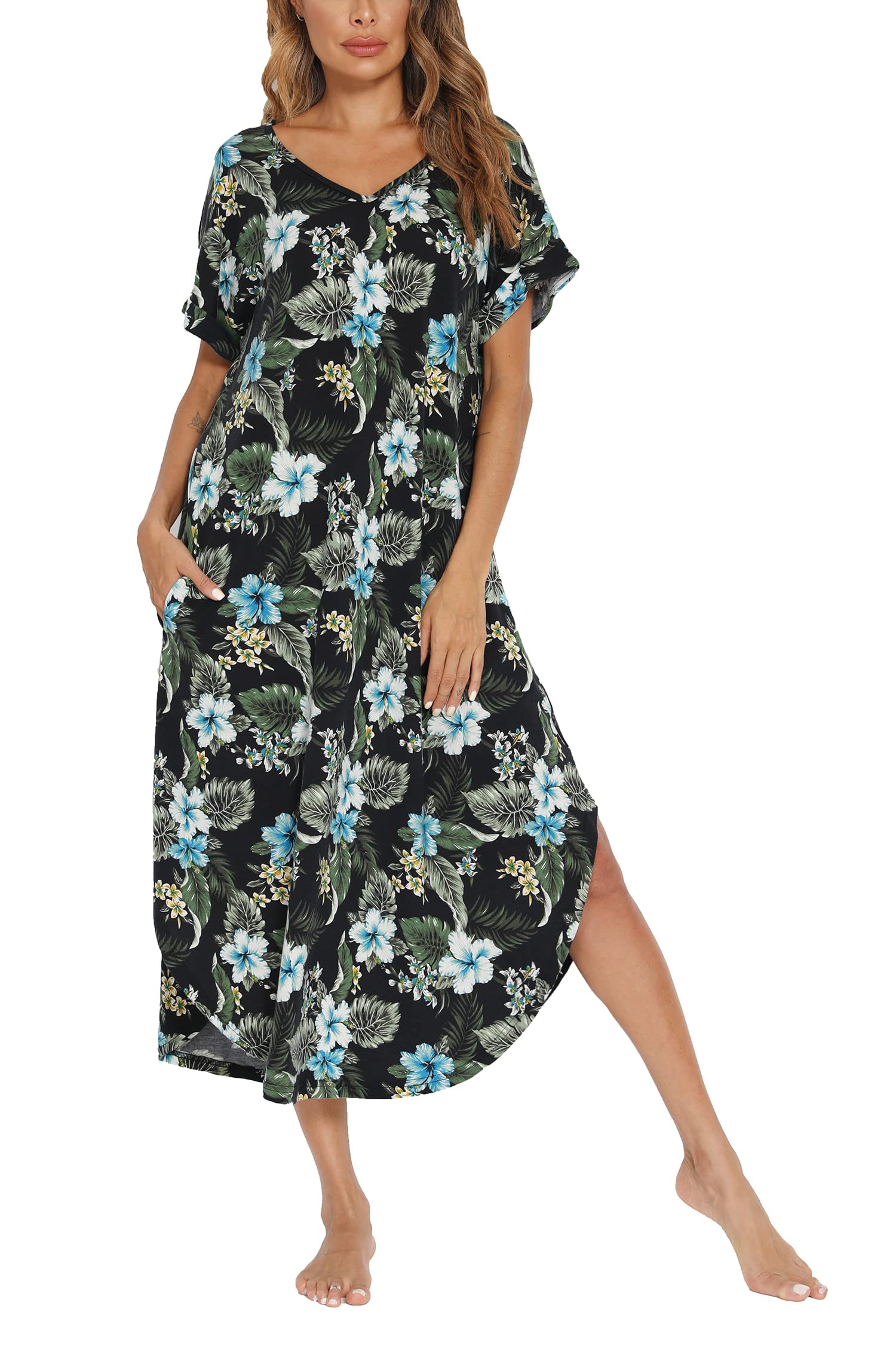 AVIIER Cotton Nightgowns for Women Short Sleeve House Dress Long Night Gown with Pockets S-XXL