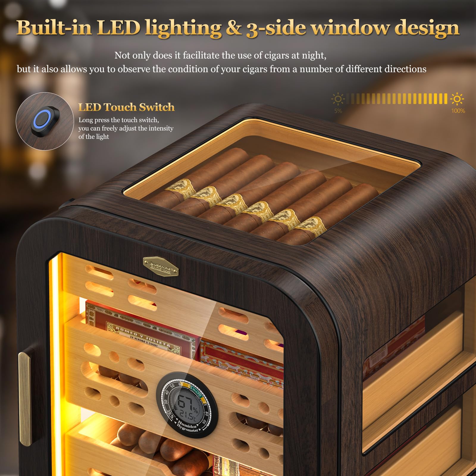 Zigarren-Humidor, 3 Seitenfenster, Humidor Zigarrenbox, Zedernholzschublade Zigarrenschrank, mit LED-Beleuchtungssystem, digitalem Thermometer und 2 Zigarren-Luftbefeuchtern