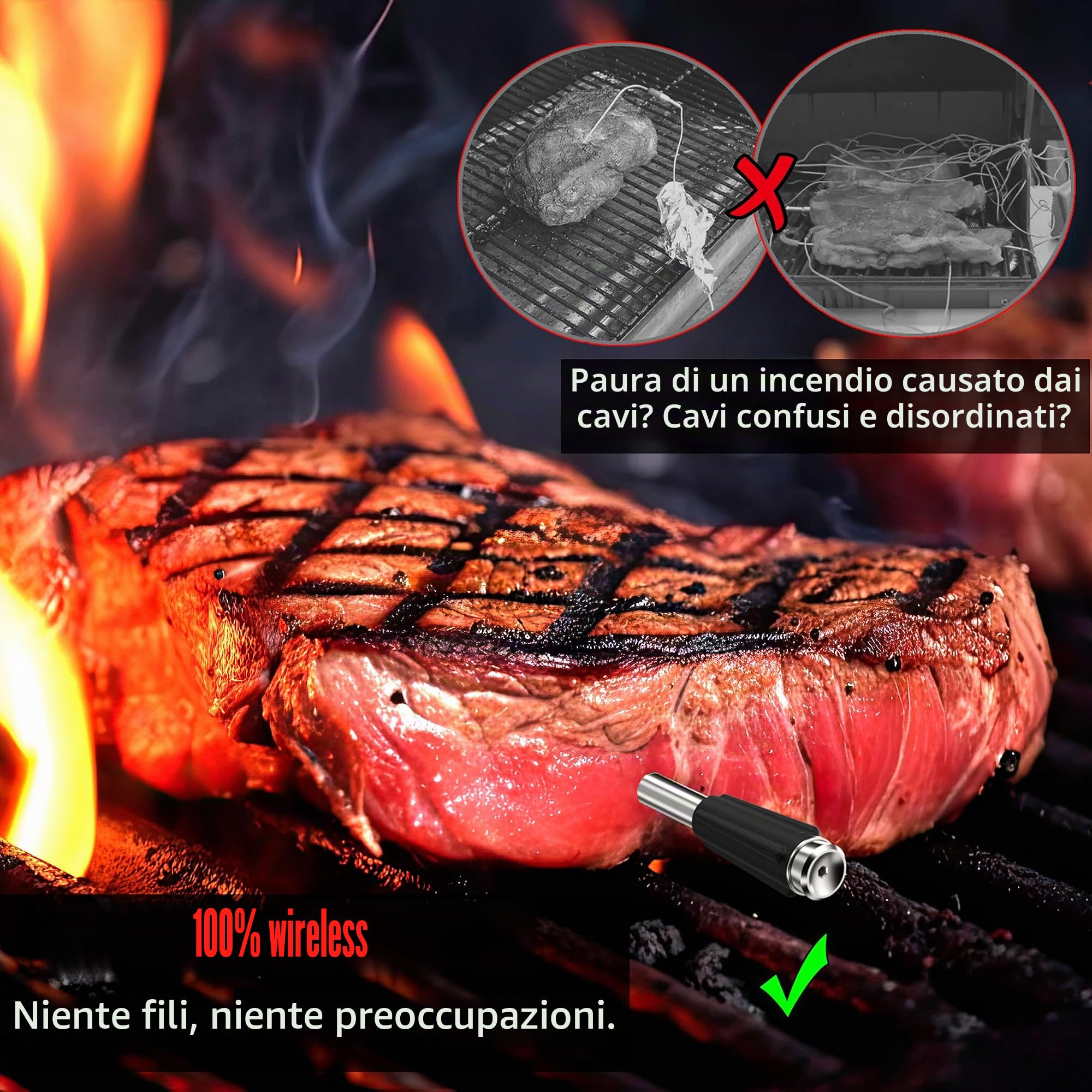 Termometro per barbecue senza fili, con due sonde più sottili, APP Bluetooth, 100 m, termometro per arrosti, per forno, barbecue, rotisserie Airfryer (Two Probes)