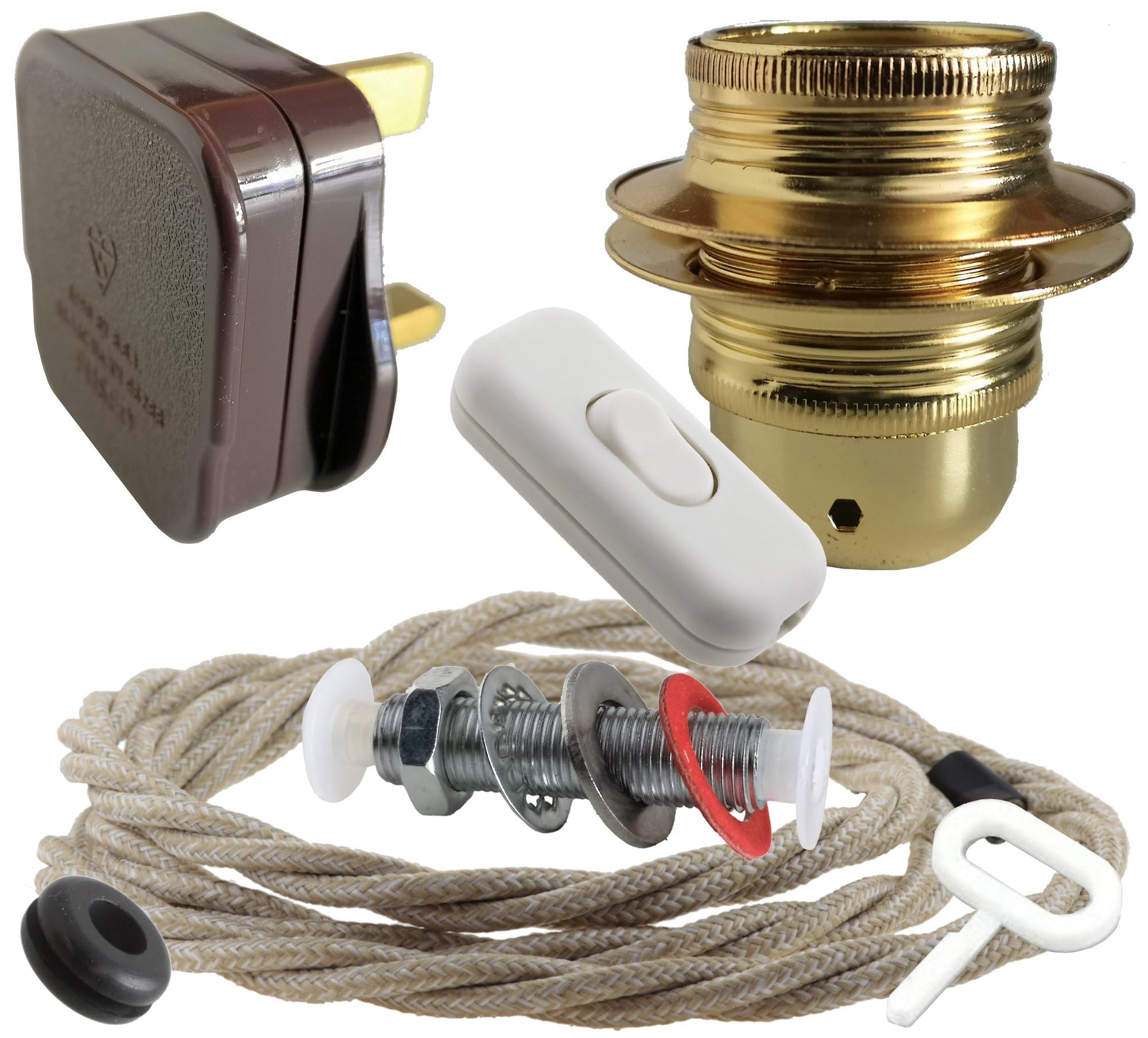 Art Deco Emporium Lamp Repair and Service Kit|Brown Plug|Linen Flex|White Switch|E27 Brass Finish Lamp Holder Holder