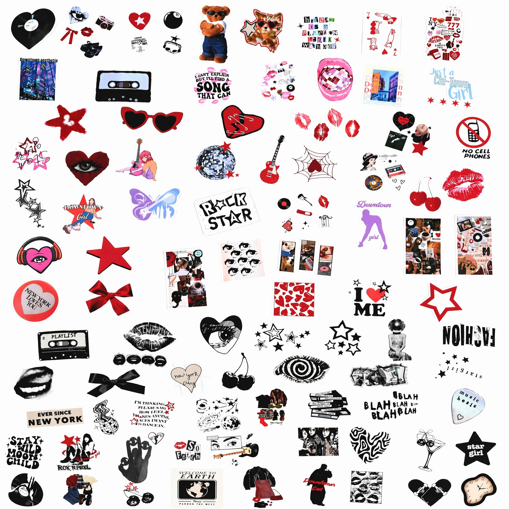 Kemay Girls Black 100Pcs Y2k Aesthetic Stickers Pack, Cute Downtown Waterproof Vinyl Decals For Water Bottles, Laptop, Skateboard, Scrapbook, Trendy Cool Stickers For Teens And Adults