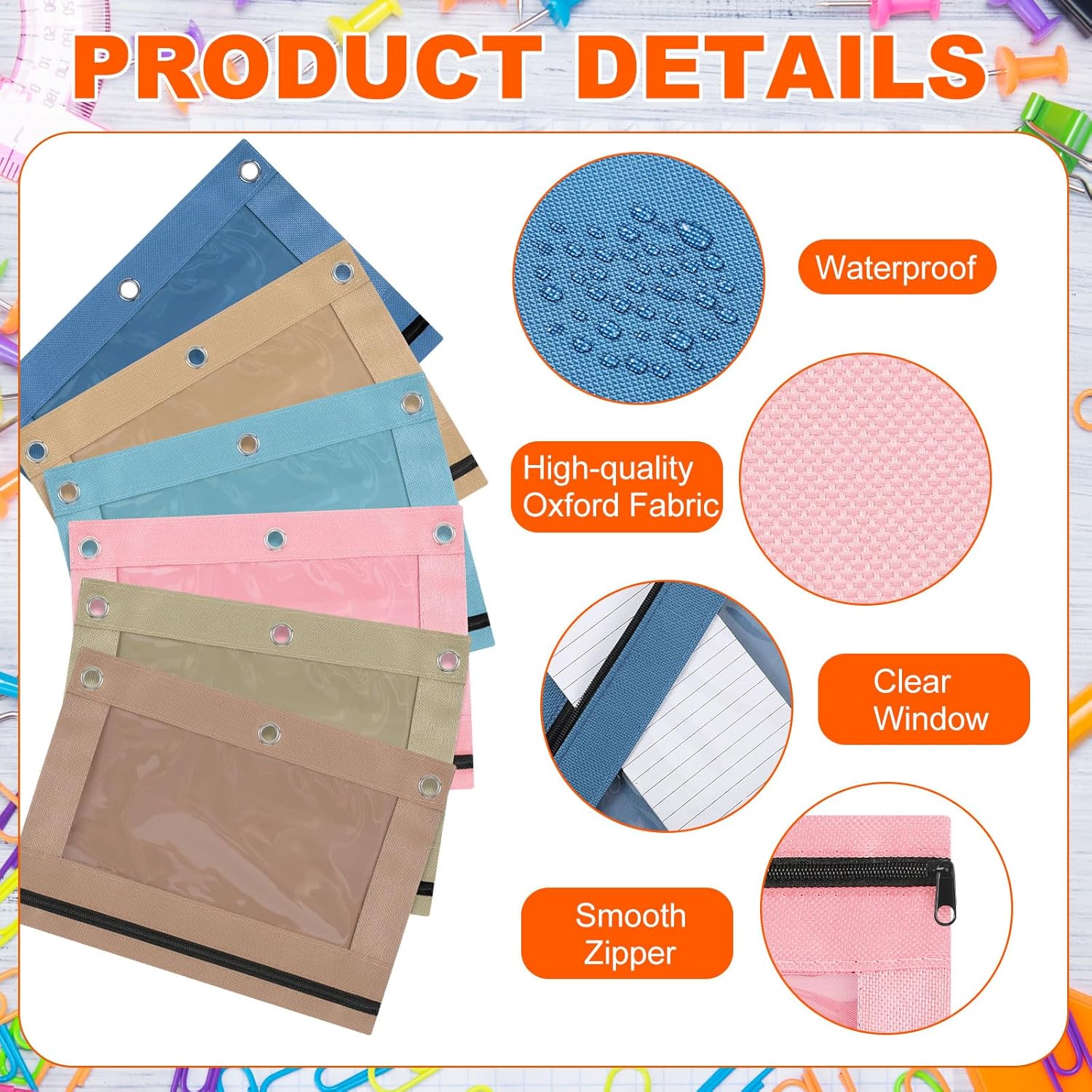 100 Pieces Pencil Pouch for 3 Ring Binder Bulk 3 Holes Zipper Pouches with Clear Window in Assorted Colors Pencil Case for Office College Supplies - Image 3