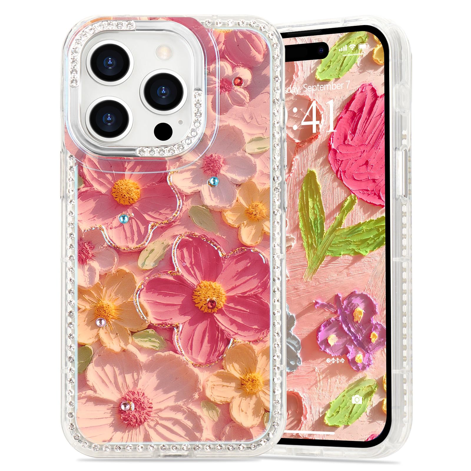 Urarssa for iPhone 14 Pro Max Case for Women Girls, Cute Colorful Oil Painting Flower Floral with Bling Diamonds Frame Design Phone Cover, Durable TPU