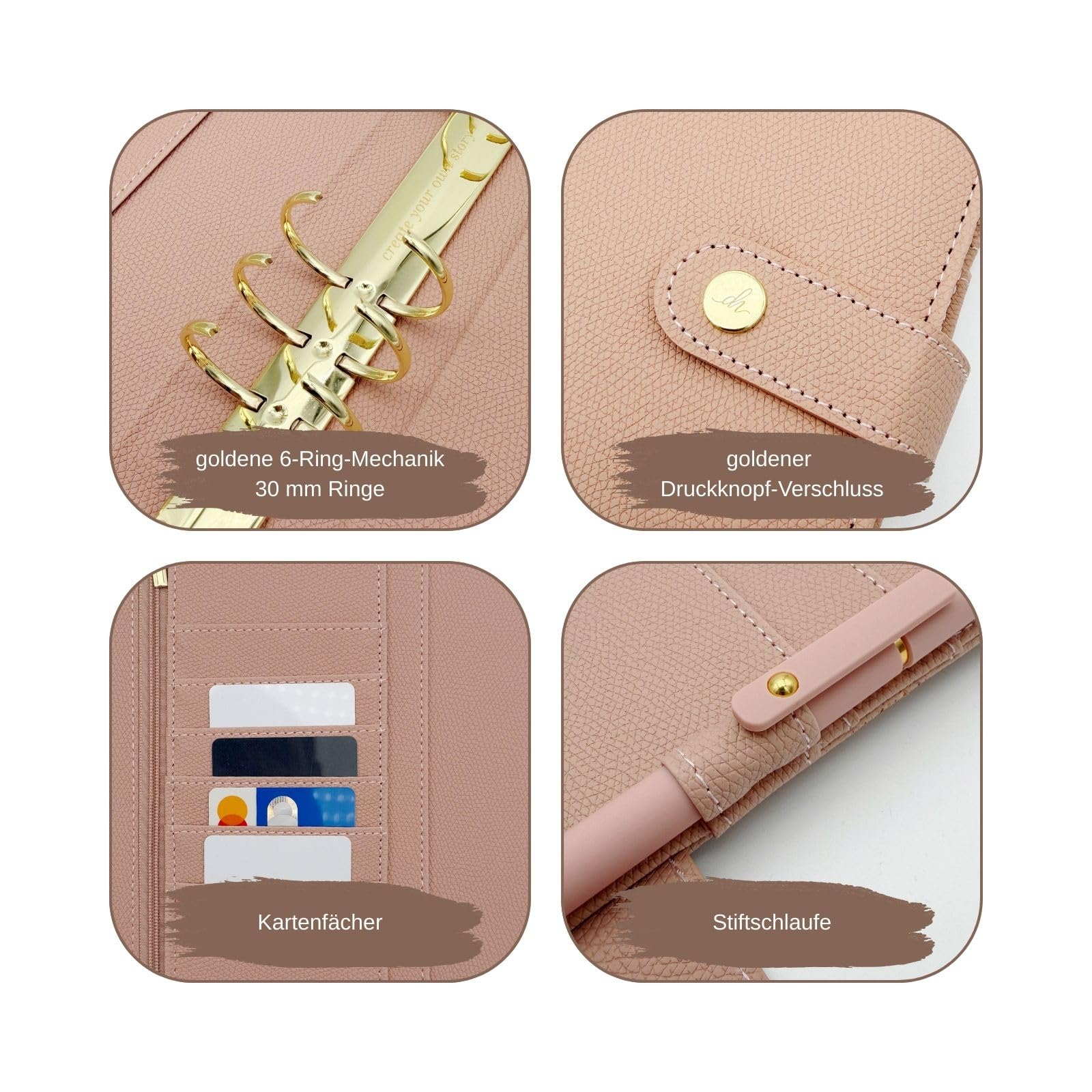 B-WARE A5 Binder mit goldenen Ringen - 6-Ring-Mechanik (30 mm) - aus PU-Leder - Geschenk für Frauen (Altrosa)