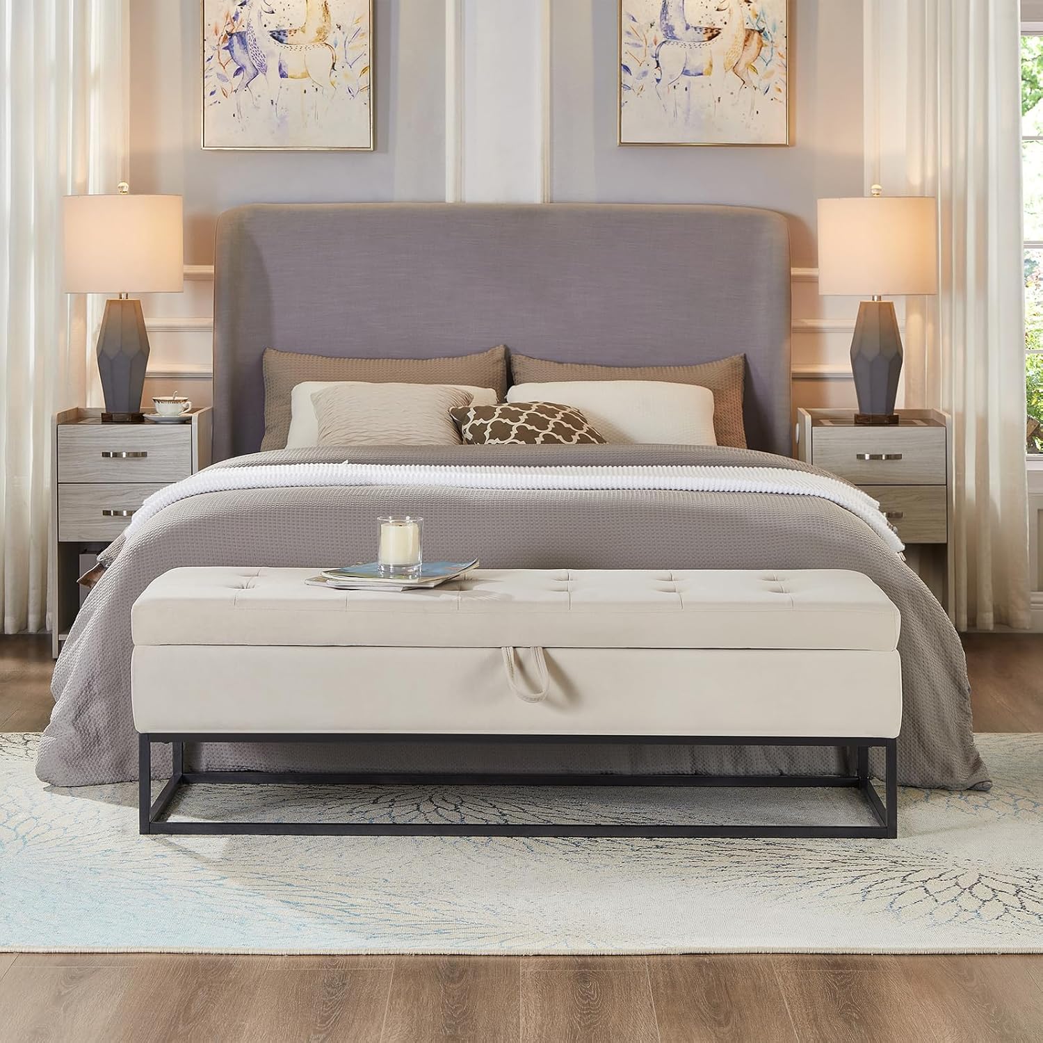 Beige Storage Bench, 58.6" Bed Bench Entryway Bench with Large Storage Space and Durable Metal Base, Velvet Fabric End of Bed Bench for Living Room, Bedroom, Hallway, Easy to Assemble Footstool