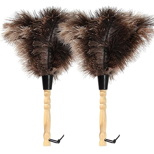 Ostrich Feather Duster 14 inch Feather Duster Fluffy Natural Genuine Ostrich Feathers with Wooden Handle and Eco-Friendly Reusable