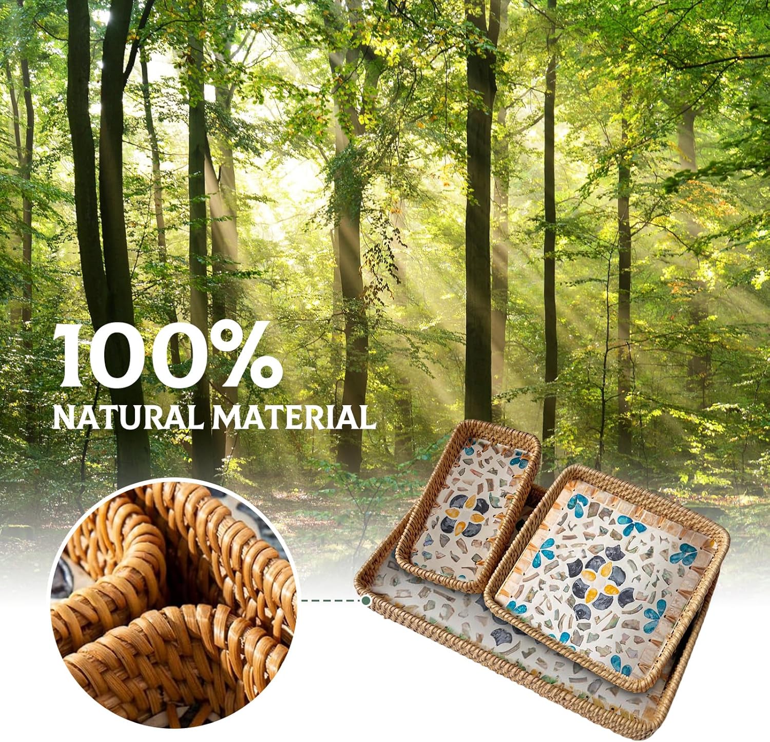 Hand-Woven Rectangular Rattan Tray Set of 3, Natural Bamboo with Colorful Base - Boho Style Serving Trays for Kitchen, Dining Table & Home Decor, Vintage Woven Decorative Plates - Image 3