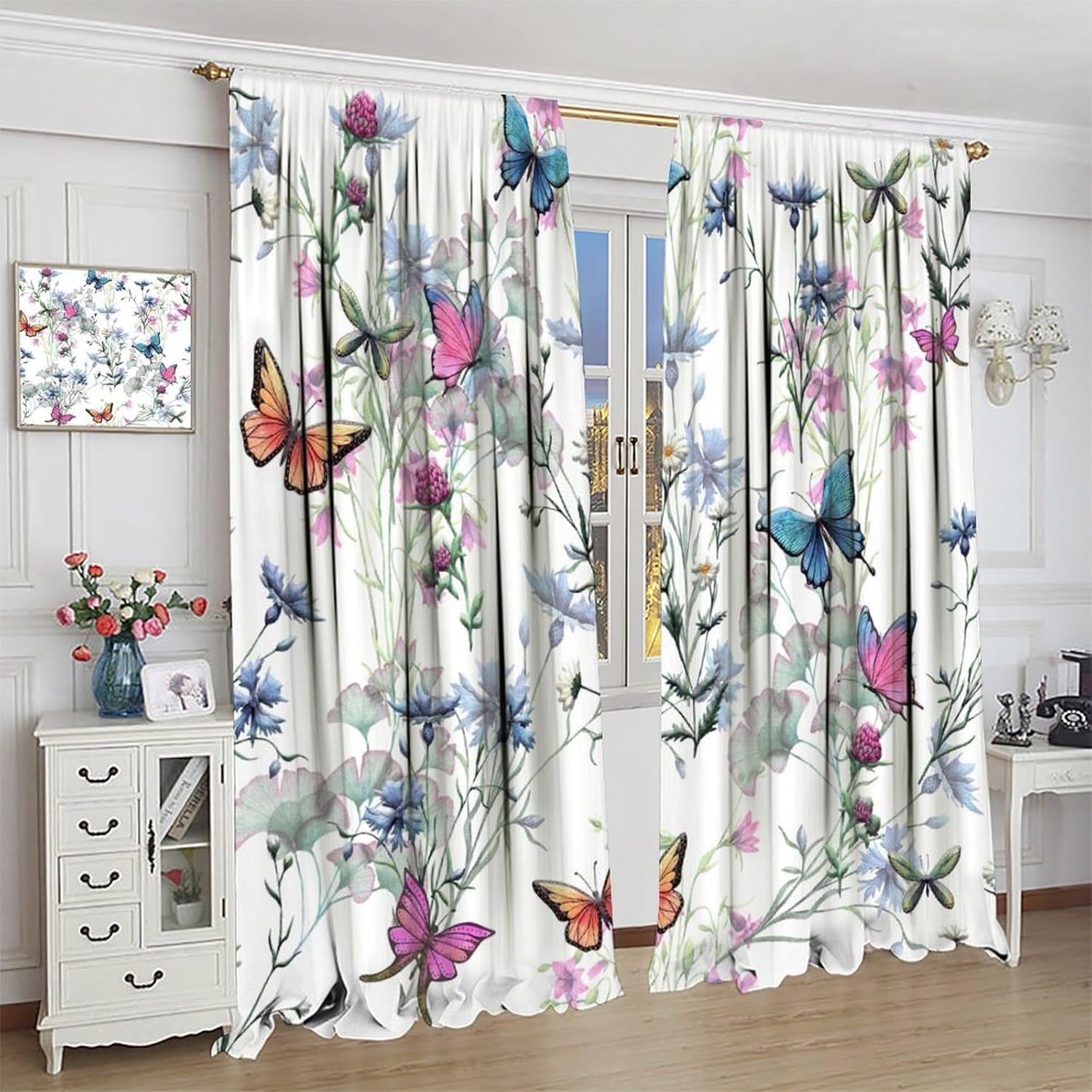 Flower Butterfly Curtain Purple Floral Watercolor Butterflies Fantasy Lilac Spring Nature Garden Plant Window Treatments for Girls Bedroom Living Room Decor Style-5 42" W X 54" L