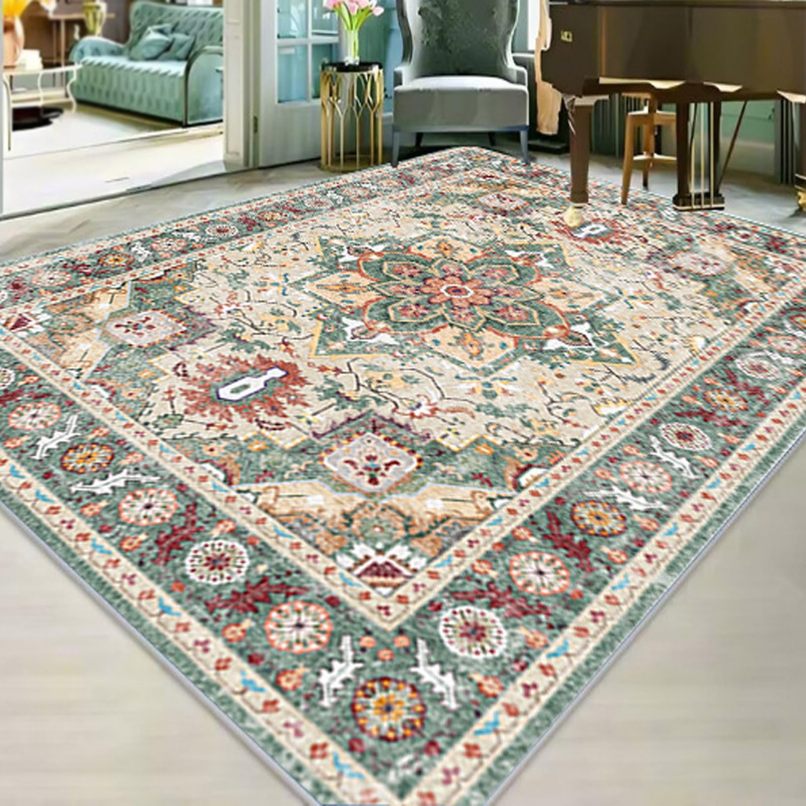 Tapis de salon lavable multicolore 150 x 240 cm antidérapant et rétro