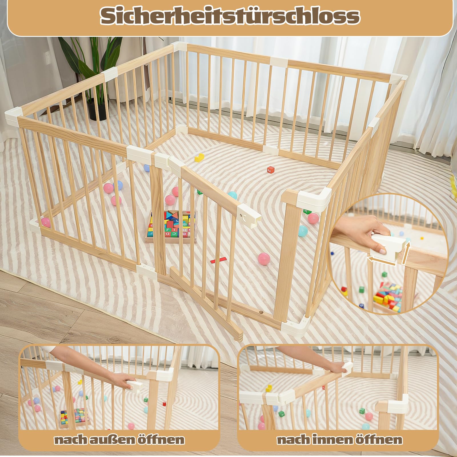 Baby Laufstall aus Holz mit Tür & Sicherheitsverschluss - Robustes Laufgitter zum Zusammenbauen, individuell formbares Krabbelgitter & Absperrgitter für Babys und Kleinkinder(135 * 134 * 61 cm)