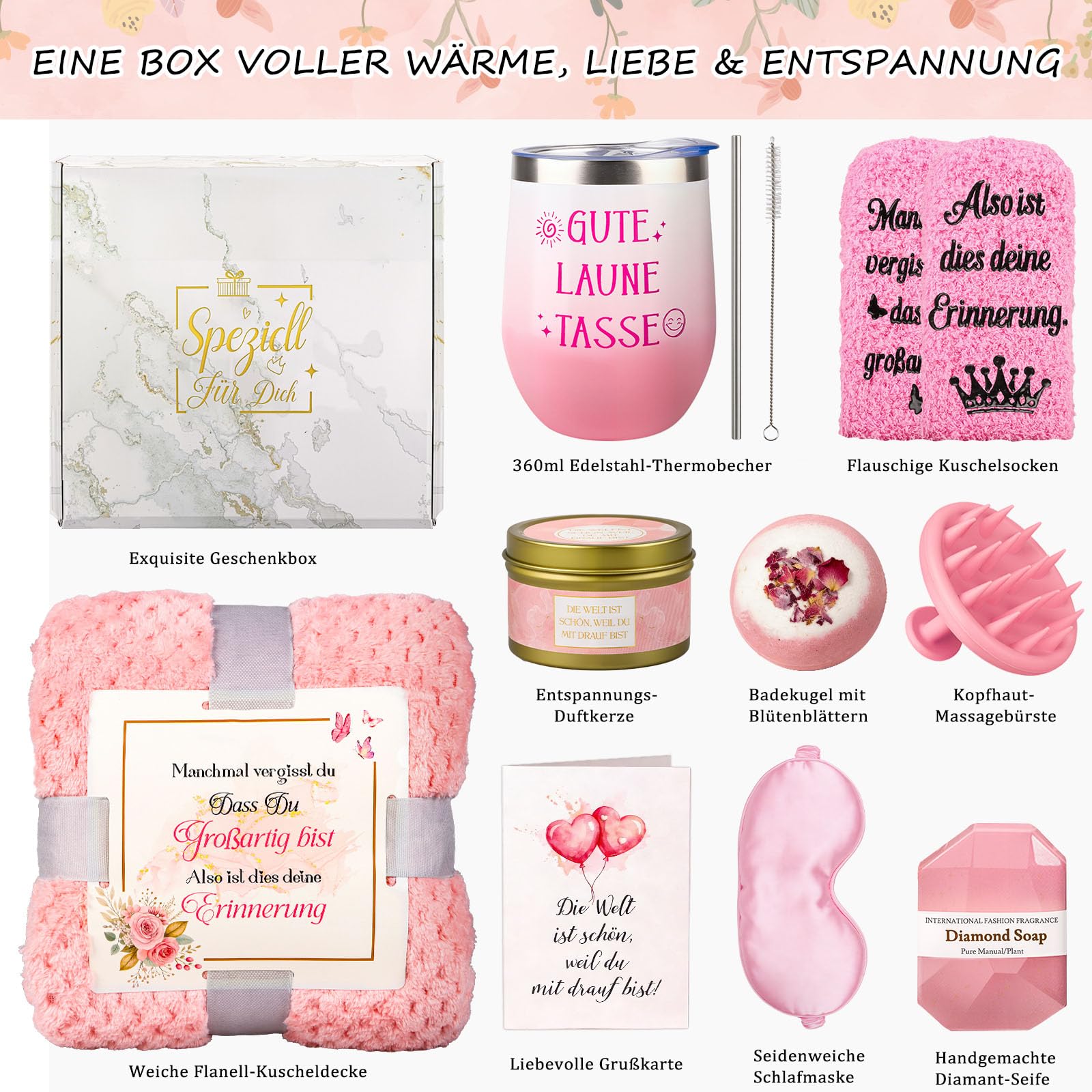 TUZELIYA Geschenke für Frauen Freundin - Geburtstagsgeschenk - Wellness Geschenkset - Gute Besserung & Mutmacher Geschenke - Geschenkideen für Mama, Schwester, Tochter, Kollegin, Tante, Ehefrau - Rosa