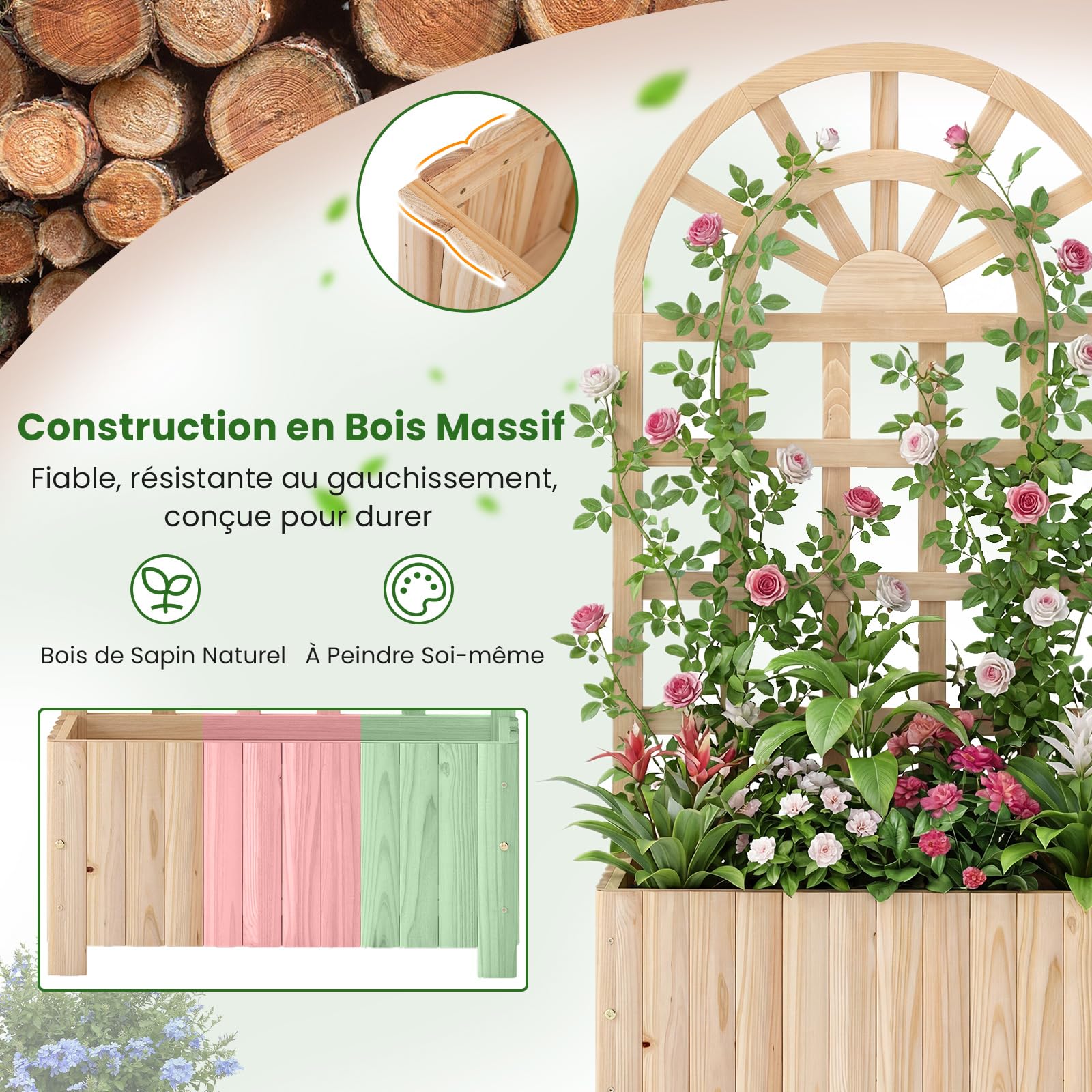 COSTWAY Jardinière en Bois avec Treillis, Lit de Jardin Surélevé avec Écran d'Intimité et Trous de Drainage, Bac à Fleurs d'Extérieur pour Plante Grimpante Fleurs Légumes, 61 x 30 x 121 cm (Naturel)