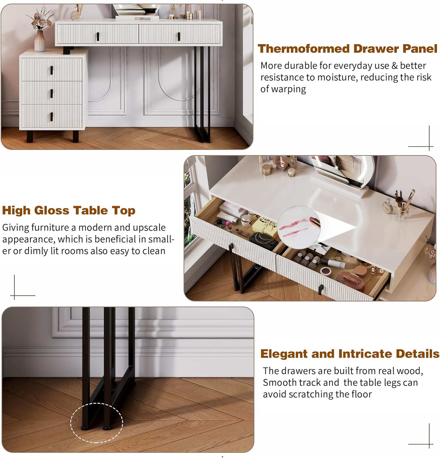 Vanity Desk with Mirror and Lights| Small Makeup Vanity Set with Adjustable Cabinet & 5 Drawers Storage| Modern Dressing Table for Small Spaces & Bedroom(White and Black) 35.43"