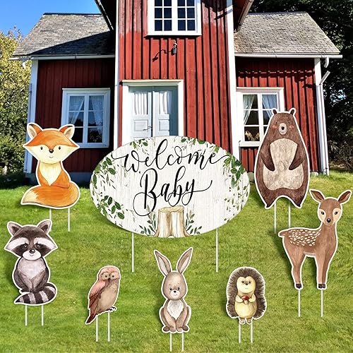 Fumete 8 carteles de jardín de animales del bosque, para baby shower, género neutro, decoración de bienvenida de bebé con estacas, letreros de