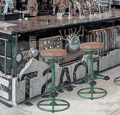 Miniatura 8 de Topower Taburete de bar vintage para bricolaje, cadena de bicicleta, pedal de hierro, retro, industrial, altura ajustable, diseño de rueda de Verde