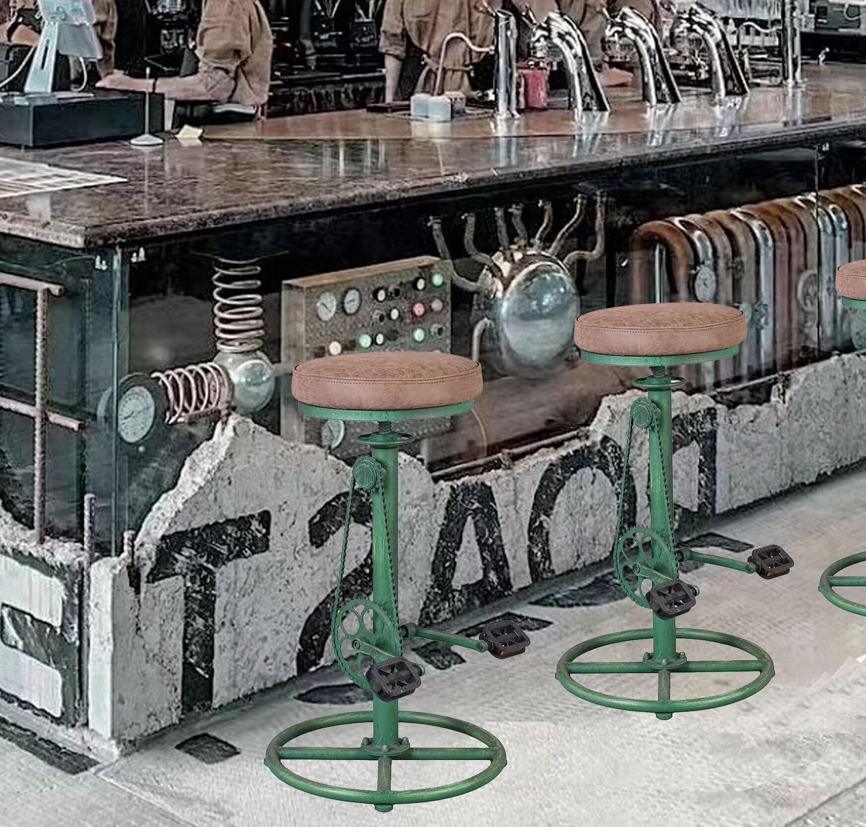 Taburete de bar vintage para bricolaje, cadena de bicicleta, pedal de hierro, retro, industrial, altura ajustable, diseño de rueda de bicicleta, juego de 2 sillas de barra verde antiguo 8